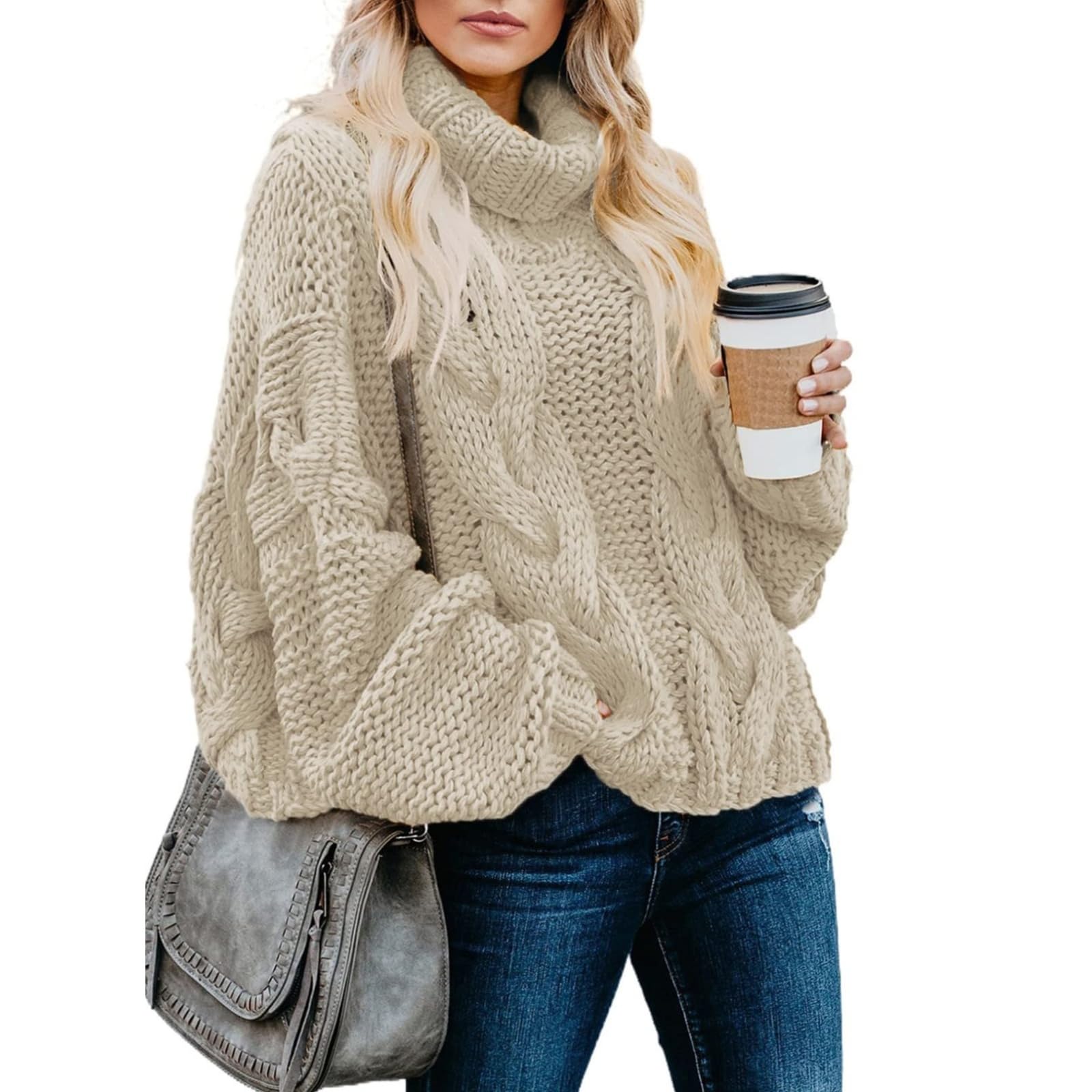 Womens Turtleneck Cable Knit Sweaters Cozy Oversized Pullover Sweater Fall Winter Chunky Tops