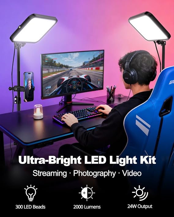 UBeesize 2-Pack LED Video Light Kit, 3000-6500K Dimmable Photography Studio Lights with Tripod Stand & Phone Holder, Video Recording & Streaming Lighting for Makeup, Gaming, YouTube