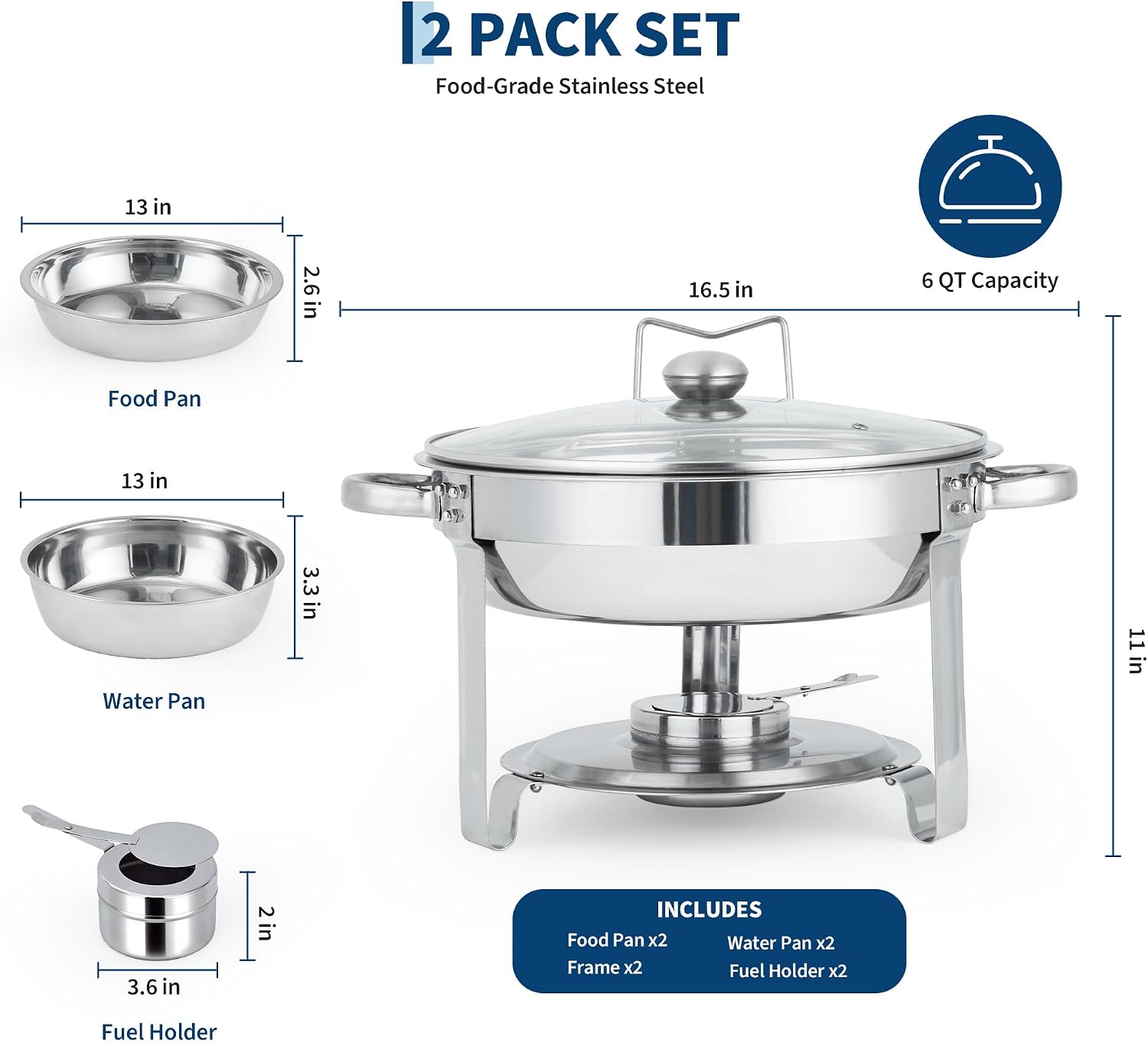 Garvee Round Chafing Dishes for Buffet, 6 QT Buffet Food Warmer Set 2 Pack