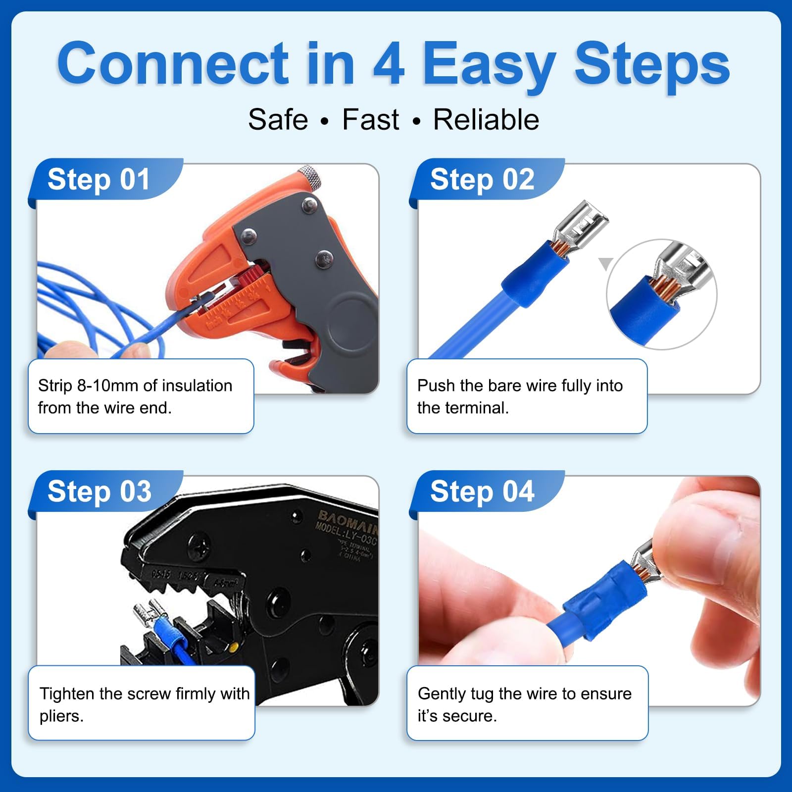 Baomain conector terminales de horquilla SV2 – 4 m AWG 16 – 14 azul Pre insulated 1000 unidades