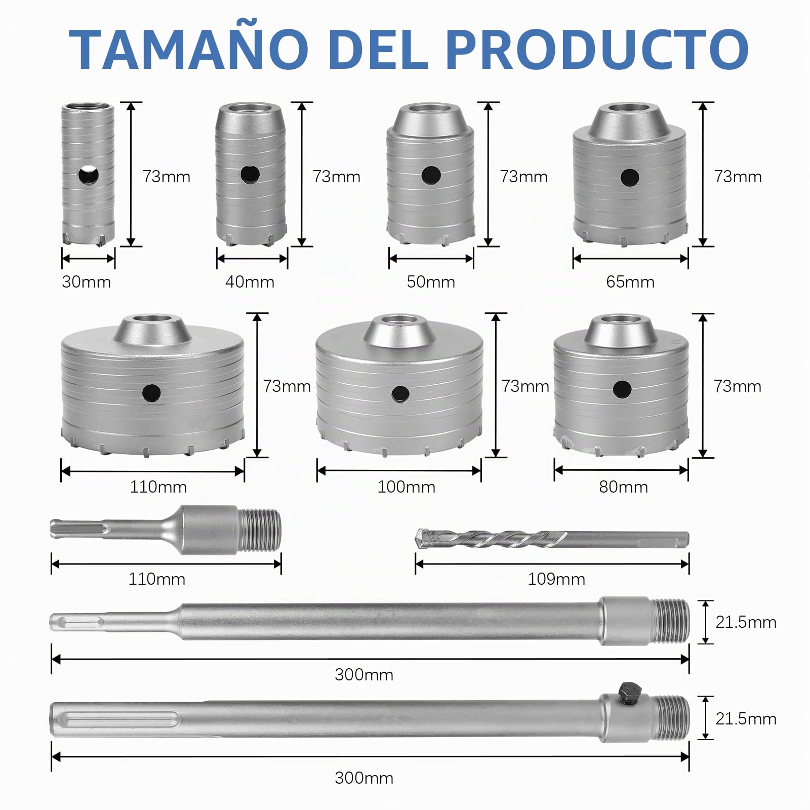 EXLECO 16 pcs Sierra Corona Set Broca para Muro de Hormigón Taladro Hueco Broca Sierra, 7 corona hormigon 30 40 50 65 80 100 110mm mit 100/300mm SDS Plus & SDS Max 6 Taladro Centrado, Brocas Hormigón