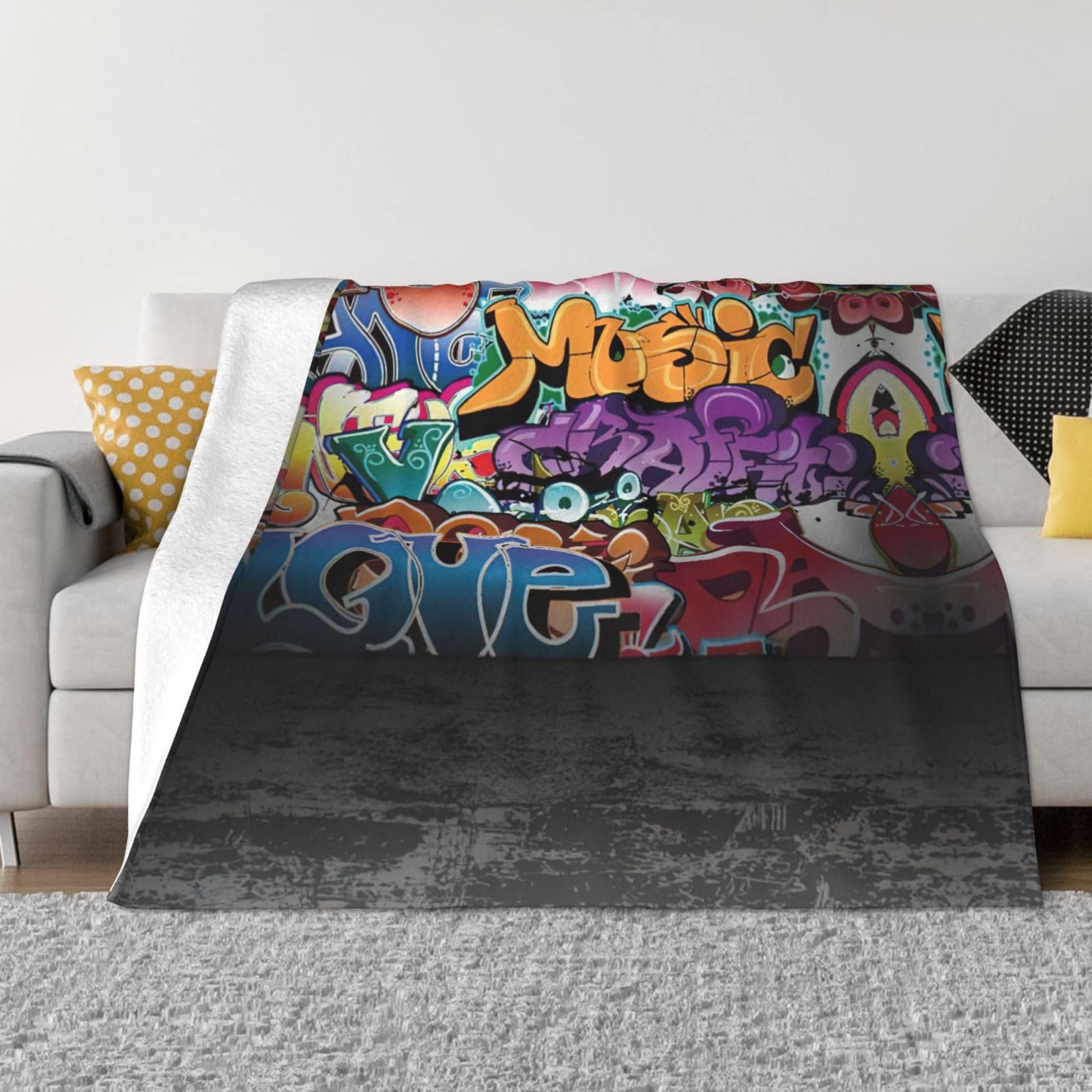 Couverture en flanelle anti-froid style graffiti hip-hop pour ne plus frissonner sur le canapé