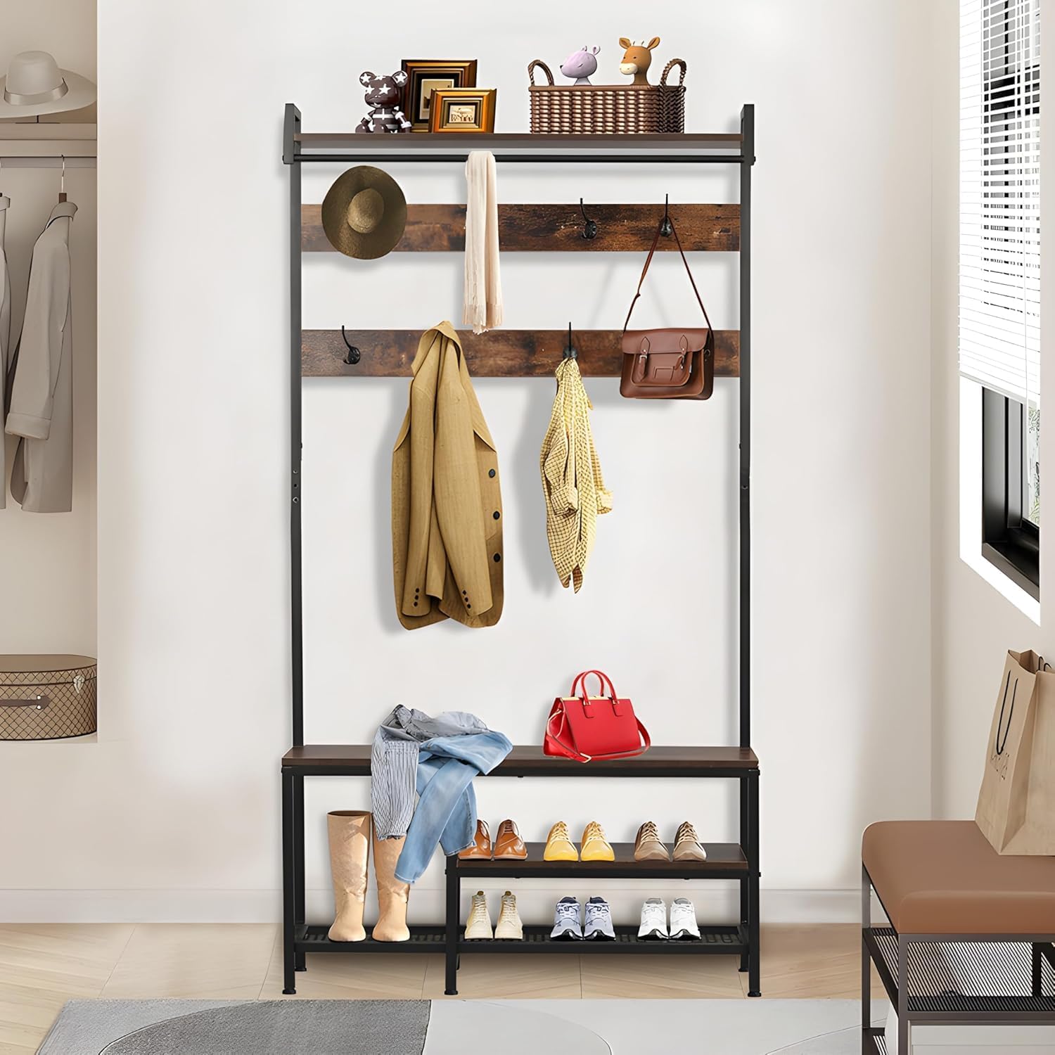 Hall Tree With Bench and Shoe Storage, 5 in 1 Entryway With Coat Rack, 71'' Industrial Wooden Metal Coat Tree With 14 Hooks, Shoe Storage and Wall Rack for Hallway Mudroom Bedroom (Rustic Brown)
