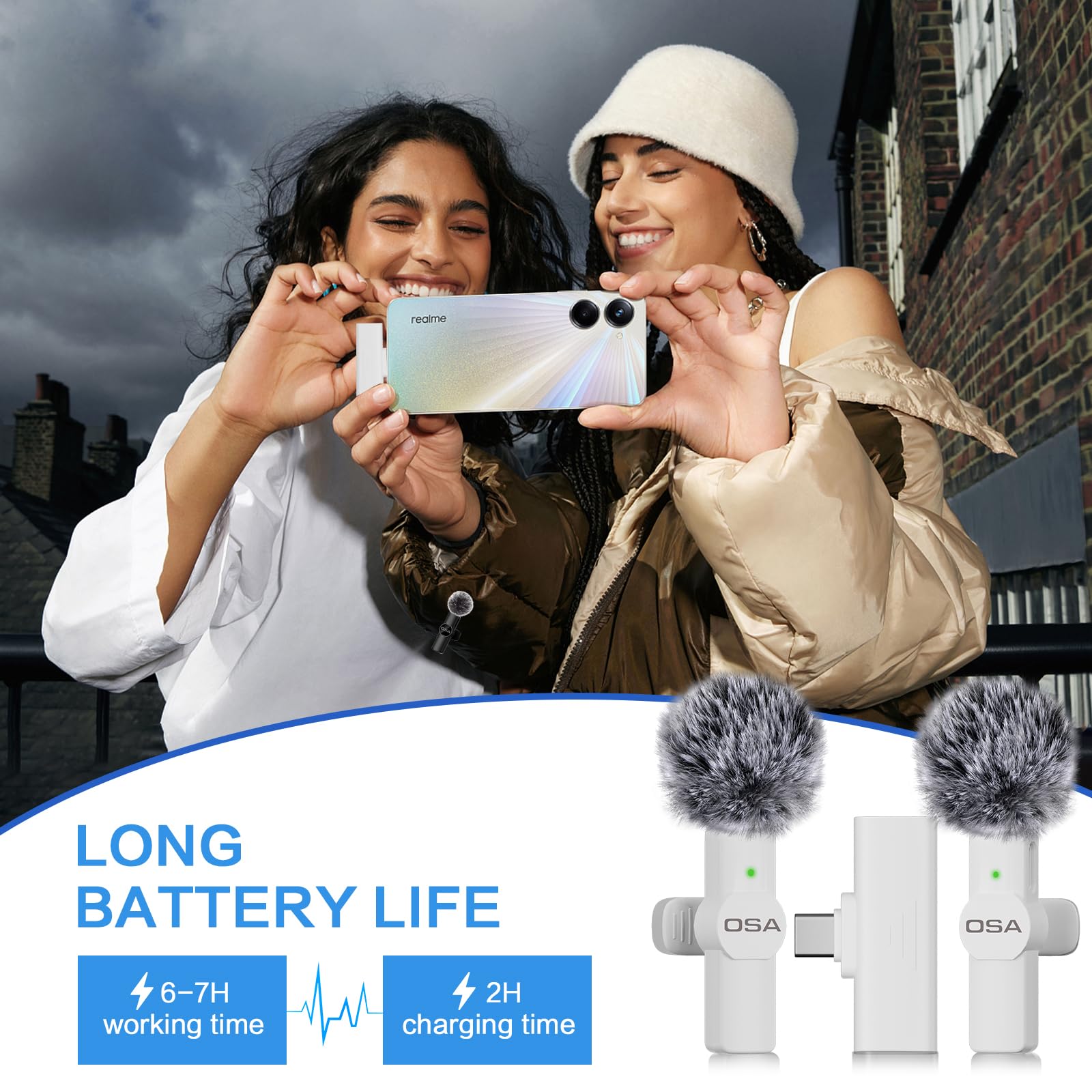 OSA Microfono lavalier wireless USB-C per iPhone 15 Series/Android/Tipo-C Smartphone Laptop, microfono wireless per registrazione video, mini microfono, Live Streaming, TikTok, Vlog, YouTube, bianco