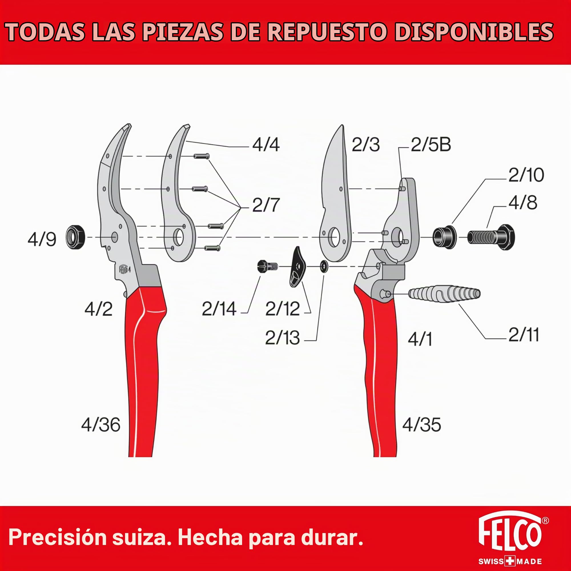 FELCO 4 tijeras de podar para diestros con manos grandes, corte 25 mm | Tijeras robustas con cuchilla de acero templado 45 mm, pensadas para el uso diario en jardín y huerto. Swiss Made.