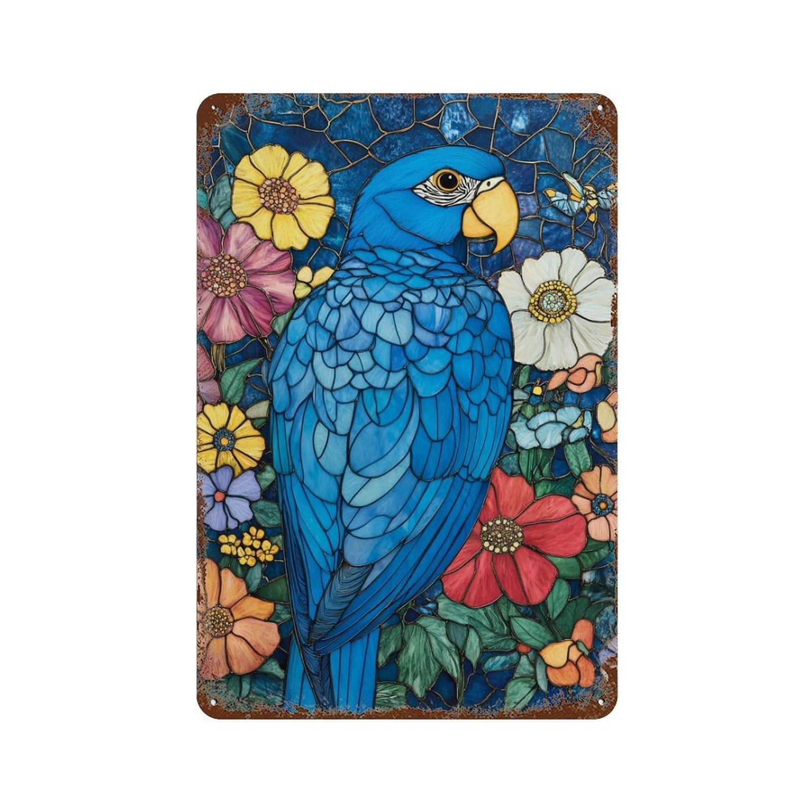 Stained Glass Parrot Garden Rust Effect Tin Sign 11.8"x7.9", Industrial Home Decor for Basement, Hobby Room And Garage Decor