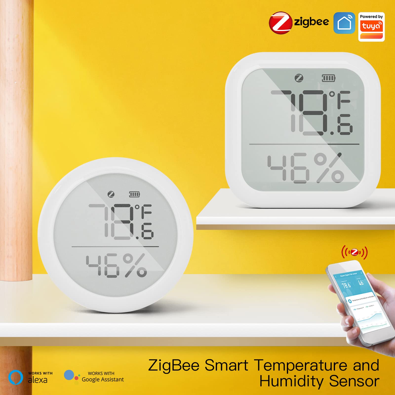 para ZigBee - Termómetro higrómetro inteligente (2 unidades, sensor de temperatura interior y humedad, control de aplicaciones, pantalla LCD grande, revisión de registros de datos, enlace inteligente