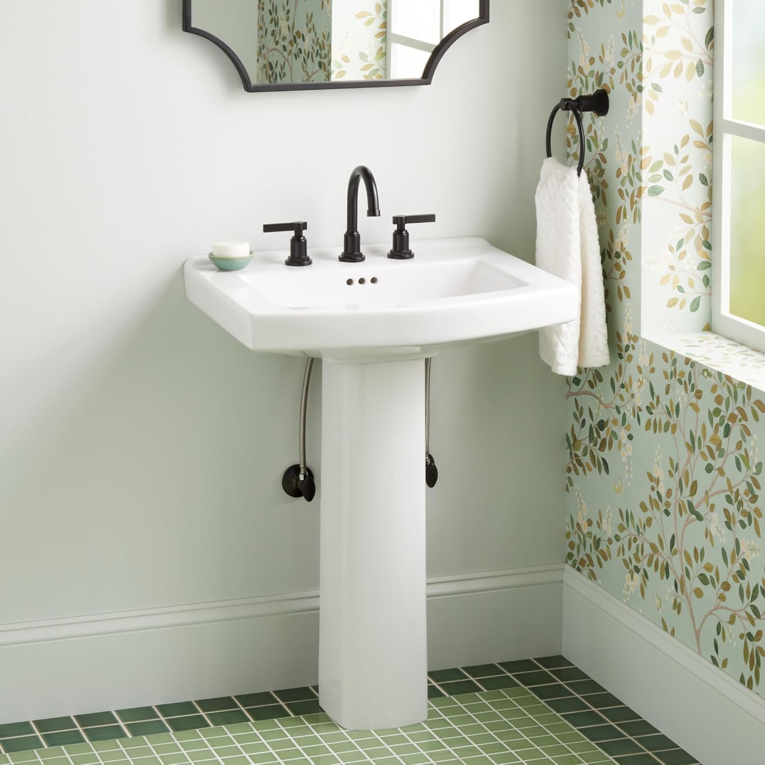 Signature Hardware 953883-8 Pennfield 24" Porcelain Pedestal Bathroom Sink with Overflow and 3 Faucet Holes at 8" Centers - White