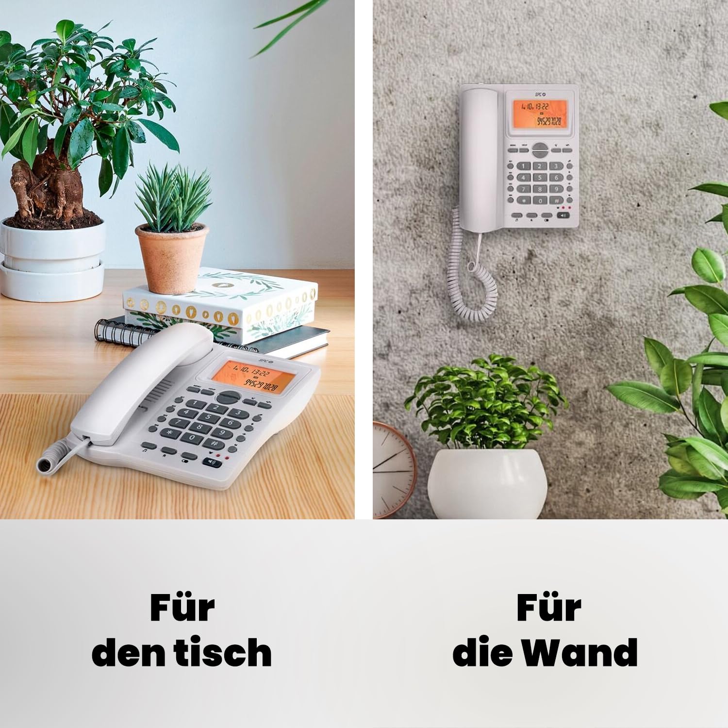 SPC Office ID 2 - Festnetztelefon mit beleuchtetem Display, 4 Direktspeichern und 10 indirekten Speichern, 2 Ruftonstufen, Anrufer-ID, Lichtsignal, Freisprechfunktion, Tisch- oder Wandmontage – Weiß