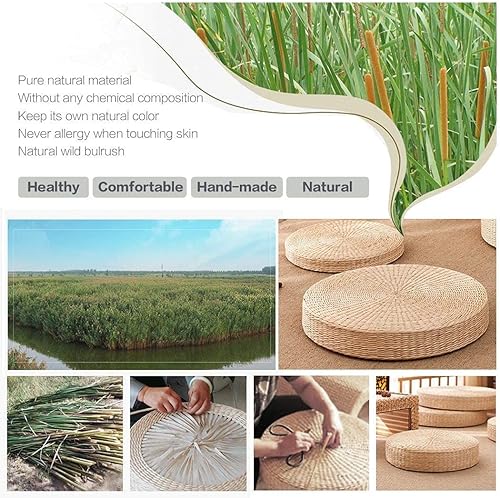 Miniatura 9 de Paquete de 2 cojines de suelo de tatami para sentarse, tamaño más grande, acolchados, redondos, con pajilla, para asiento al aire libre (diámetro