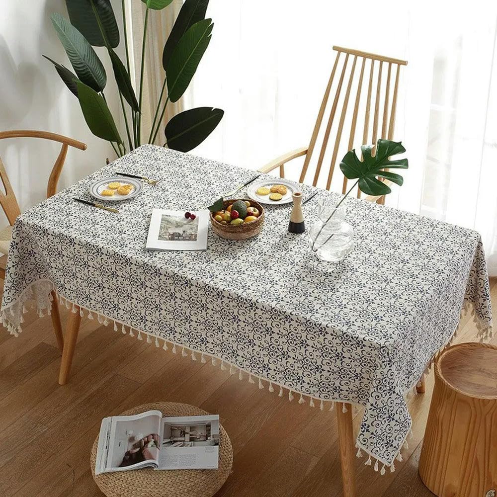 Mantel Rectangular de decoración de Lino y algodón de Porcelana Blanca y Retro Azul de Estilo Chino de 60~300cm con Borla Mantel para Mesa de té