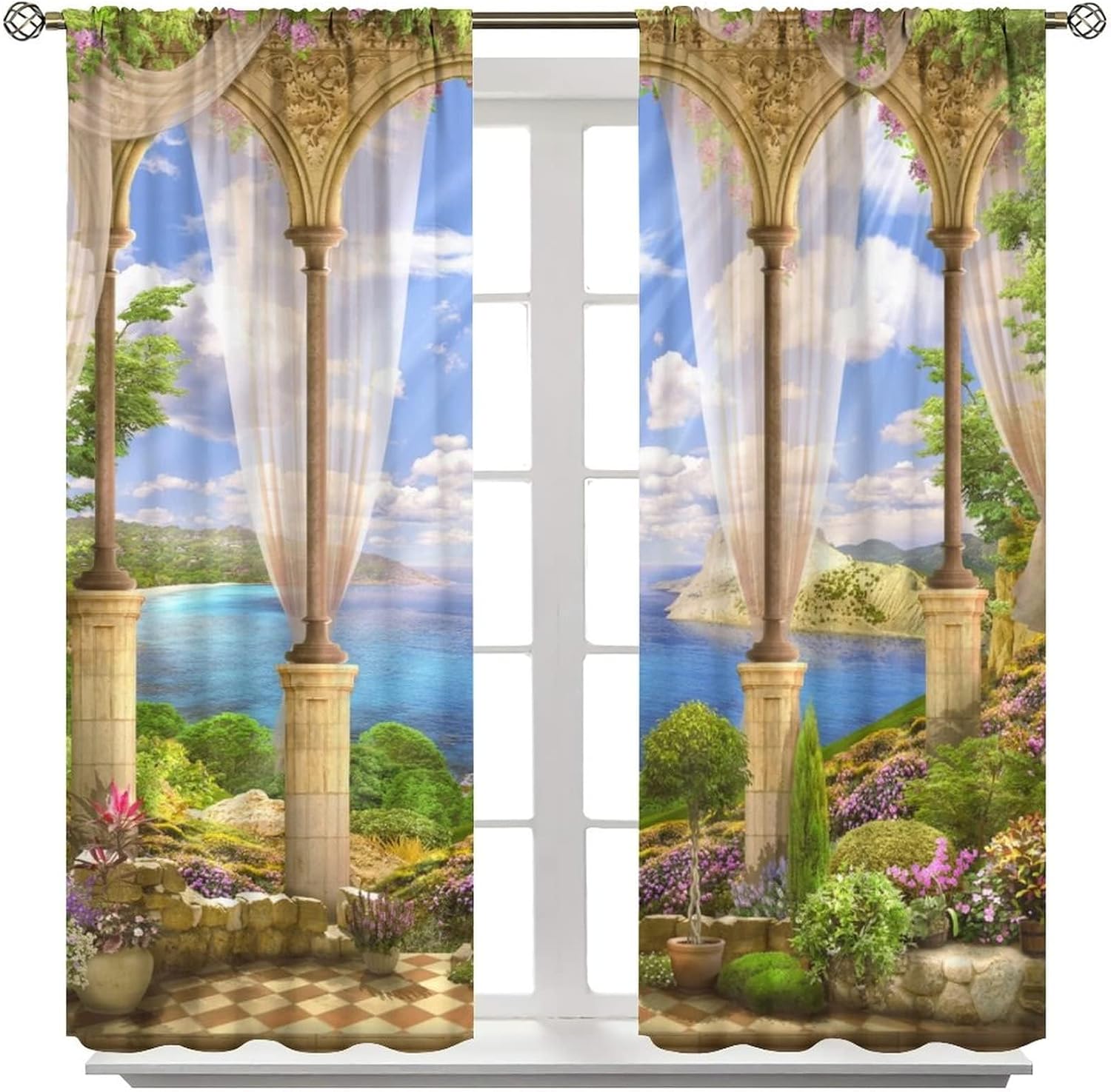 Retro Exotic Tropic View Curtains, Ancient Classic Roman Marble Stone Seaside Courtyard with Natural Lush Floral Plants, Blackout Rod Pocket Window Drapes for Living Room Bedroom Kitchen 42x45 Inch