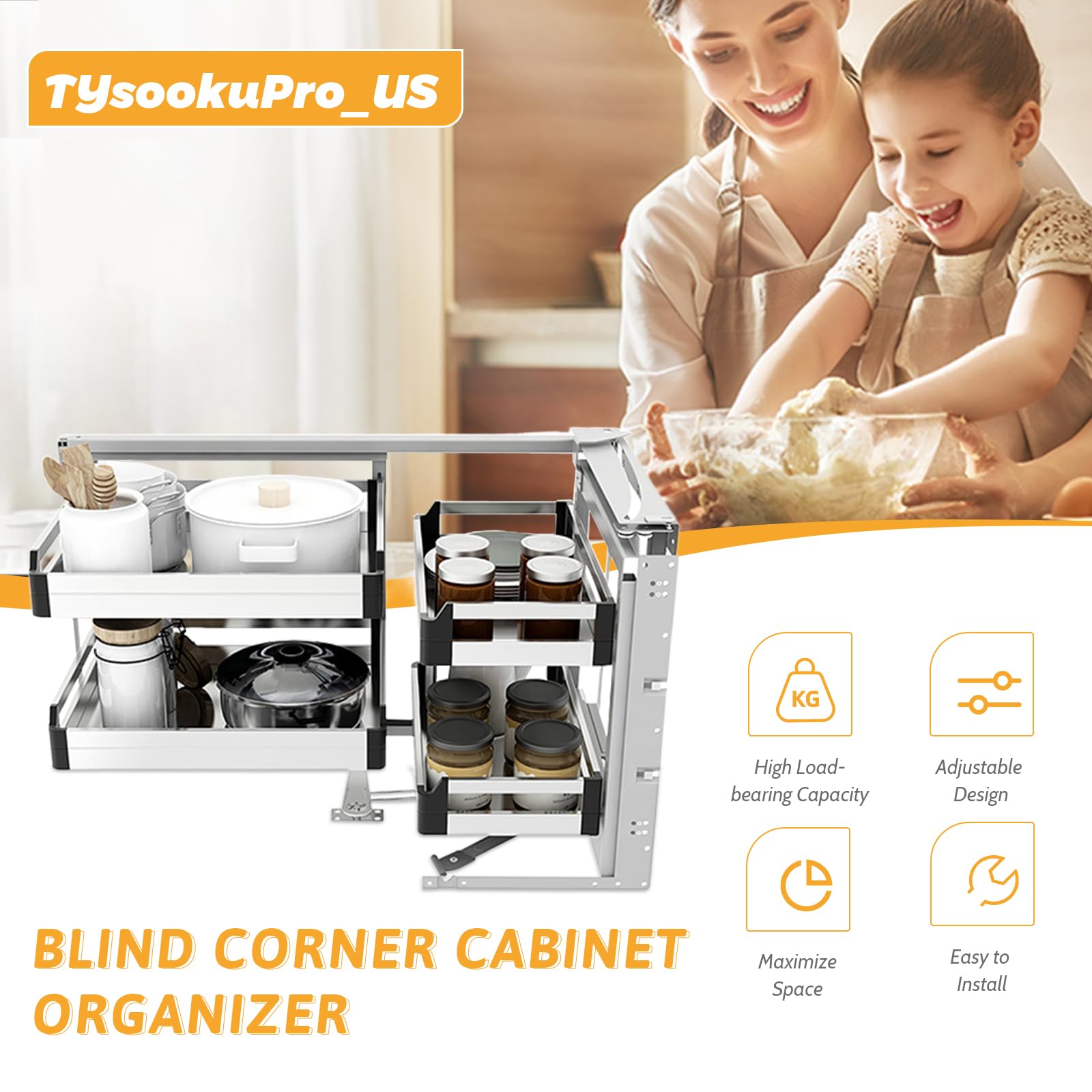 Gabinete Ciego de Plata del Optimizador de Esquina, Organizador extraíble para el Almacenamiento de la Cocina, gabinete de Esquina Ciego de ensamblaje Simple para el Uso eficiente del Espacio