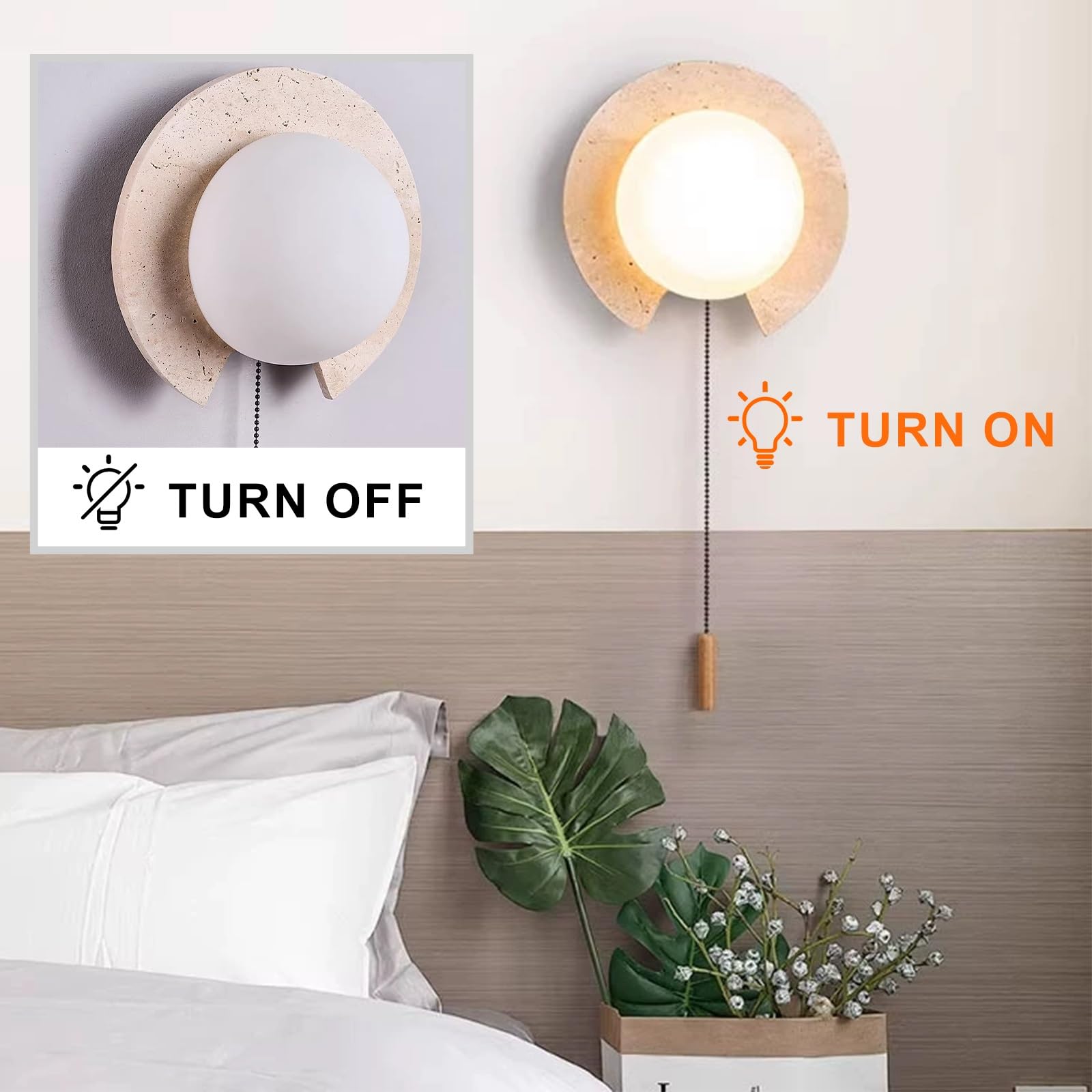 Lámpara de pared redonda de piedra natural, Wabi-Sabi | Aplique de pared de travertino amarillo con pantalla de cristal de leche, luz de pared de mármol moderna
