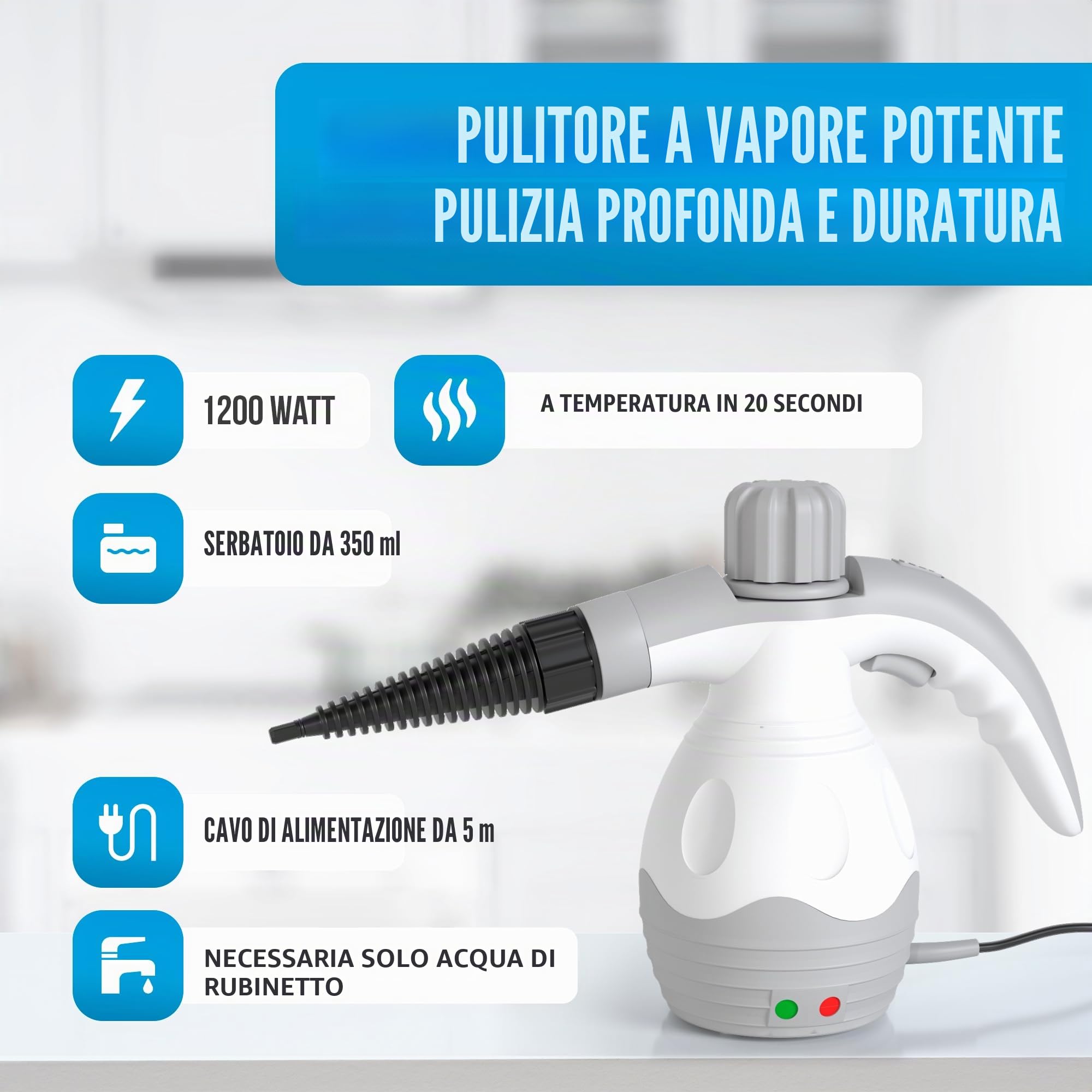Strex Pulitore a vapore extra potente - 1200 W 4 bar - Vapore manuale multifunzione tutto in uno