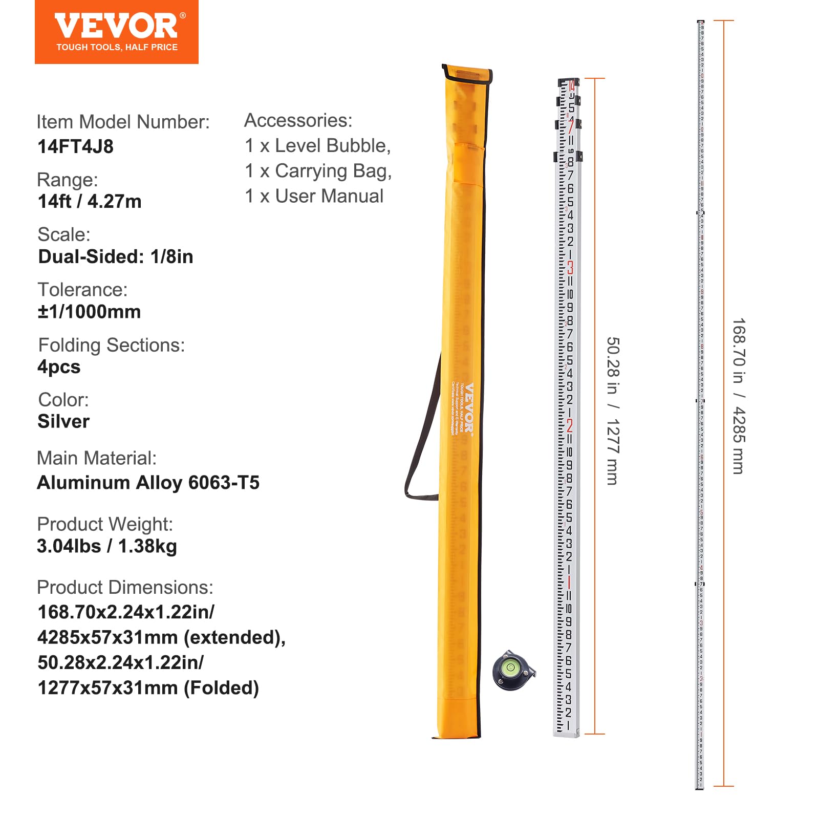 VEVOR Aluminum Grade 14-Feet 4 Sections Telescopic Measuring Rod, Double-Sided Scale 1/8in Leveling Rod Stick with Bubble Level & Carrying Bag for Houses, Walls, Floors — Amazon image 7