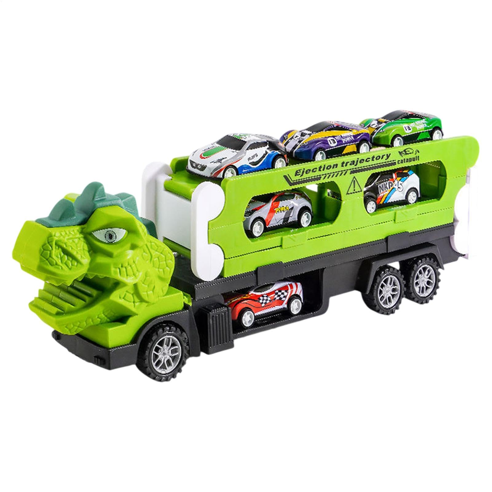 Camión de transporte de dinosaurios con deslizamiento plegable, vehículos de transporte de animales, juguetes de camión de dinosaurios, camión transportador de coches con 6 vehículos para niños y niña