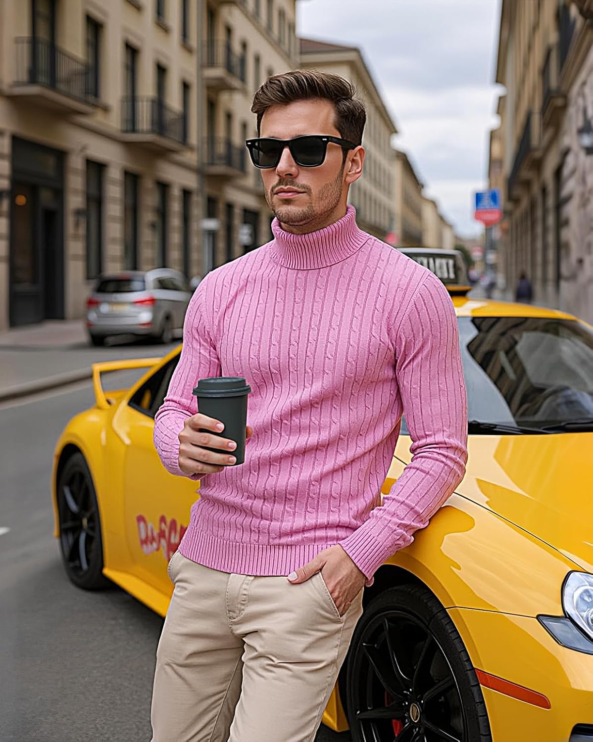 nine bull Mens Slim Fit Turtleneck Sweater Cable Knit Thermal Pullover Sweater