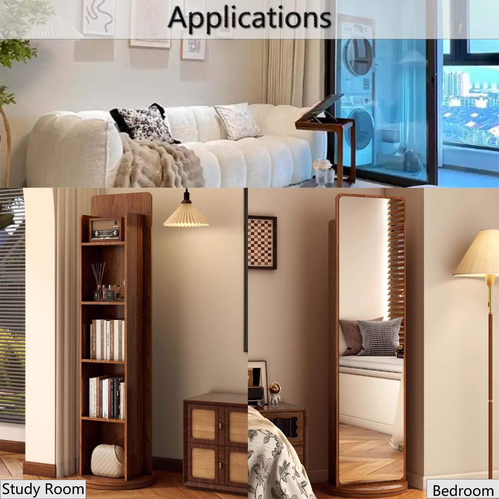 Specchio a Figura Intera con Scaffale di Stoccaggio, Specchi da Girevole a 360° e Libreria a 5 Livelli, Specchio da Pavimento per Camera da Letto e Soggiorno