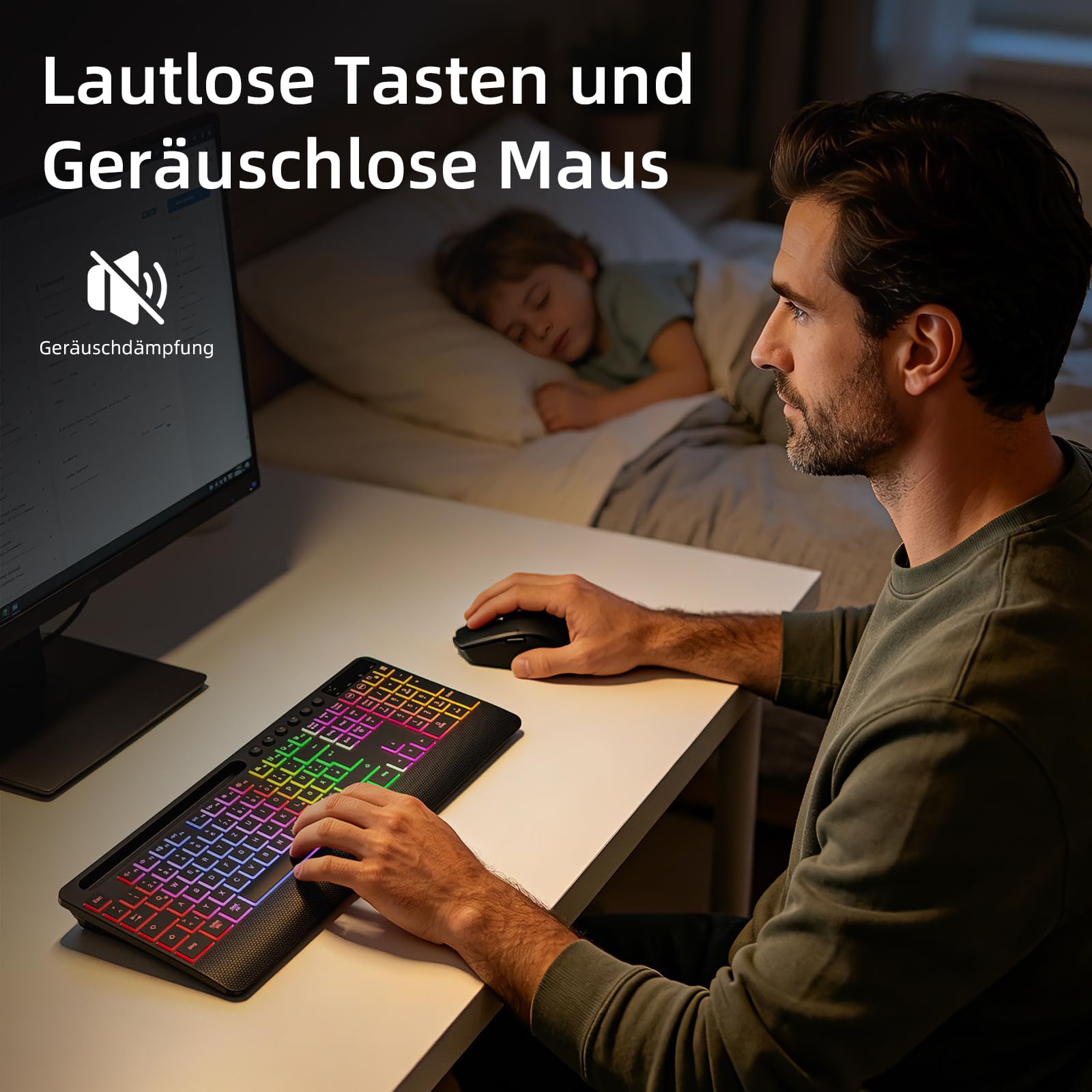 Hamile Tastatur Maus Set kabellos Beleuchtete mit Handyhalter, 2,4G QWERTZ