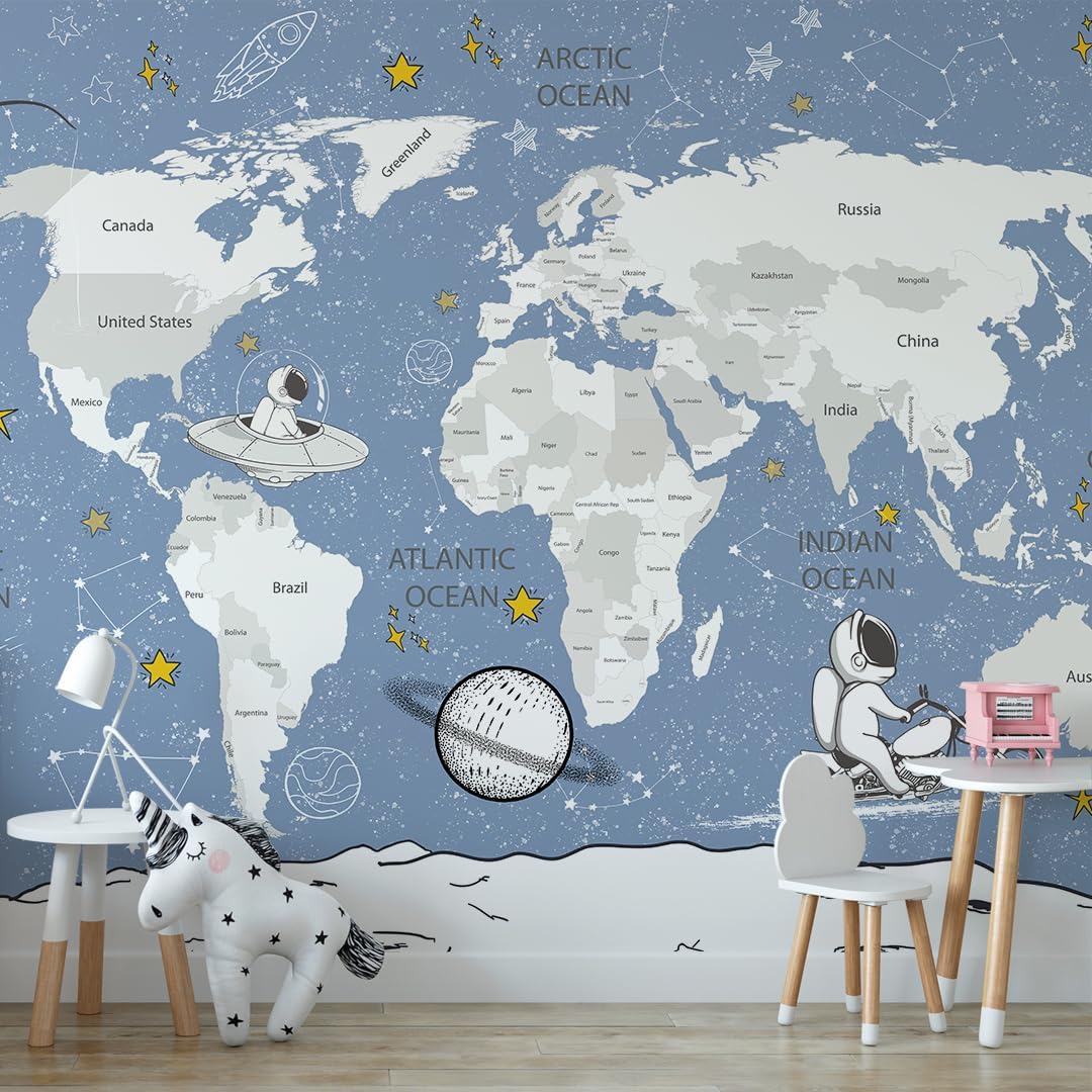 Kids Room Wallpaper Astronaut Space – Giant World Map with Countries Mural - Nursery Wallpaper Peel and Stick – Kids Wall Murals for Girls Boys Baby – Waterproof Self Adhesive (408215, 111W x 100H)