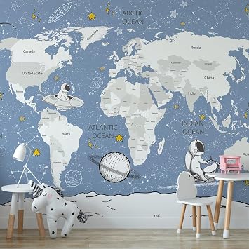 Kids Room Wallpaper Astronaut Space Giant World Map with Countries Mural - Nursery Wallpaper Peel and Stick Kids Wall Murals for Girls Boys Baby Waterproof Self Adhesive 408215, 94.5W x 74H