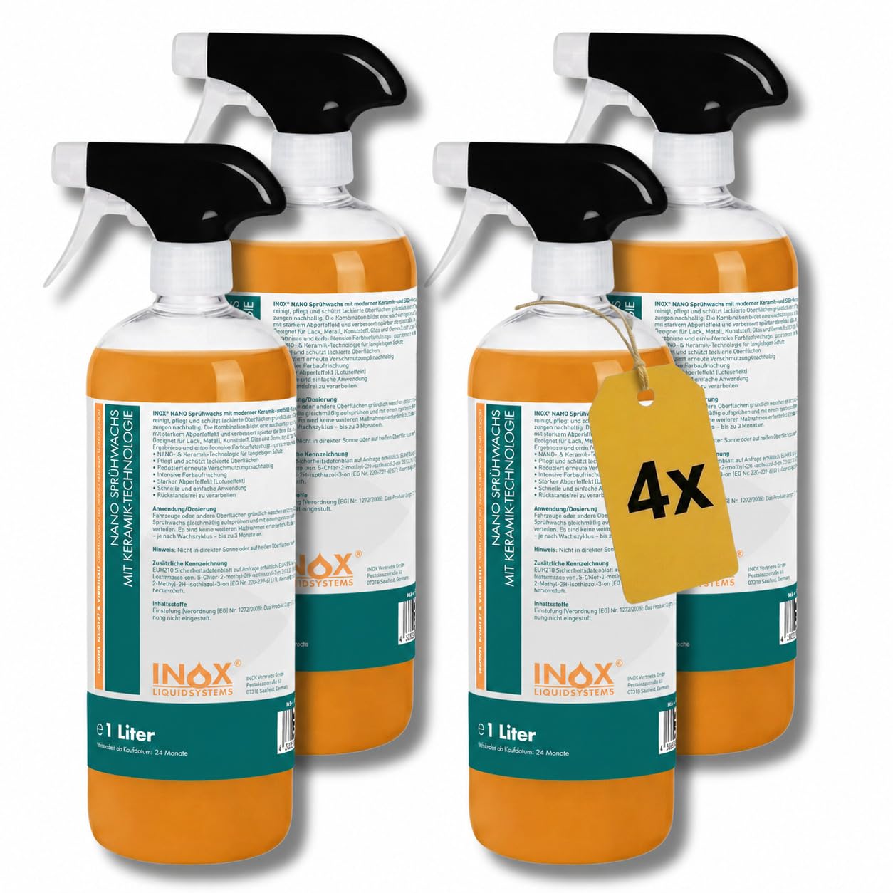 INOX® Sprühwachs – Premium Spray Wax mit Abperleffekt - Autopflege für Glanz & Schutz - Perfekte Lackpflege und Sprühversiegelung - Für alle Lacke geeignet (4 x 1L)