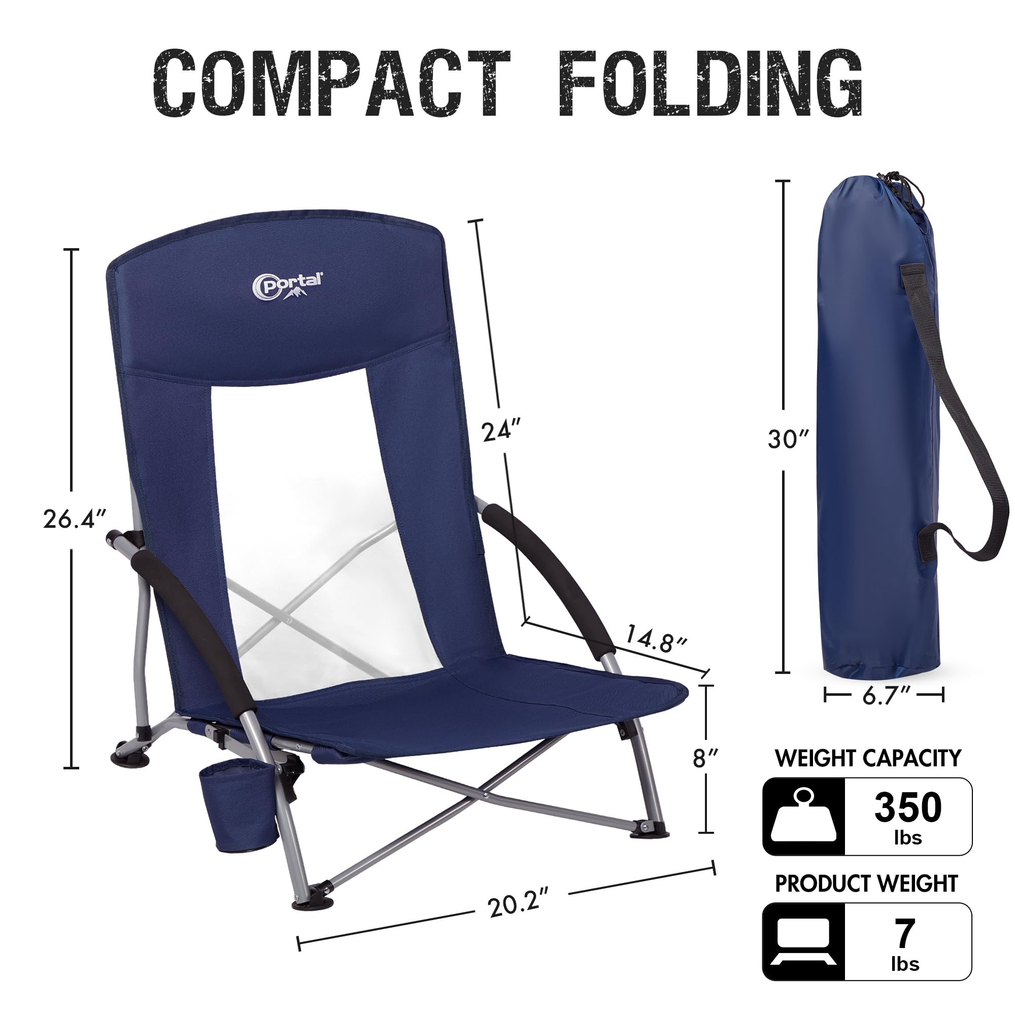 PORTAL Lot de 2 chaises de plage pour adultes - Dossier haut - Pliantes - Légères - Avec porte-gobelet - Pour voyage, concert, pelouse, festival, supporte 136 kg