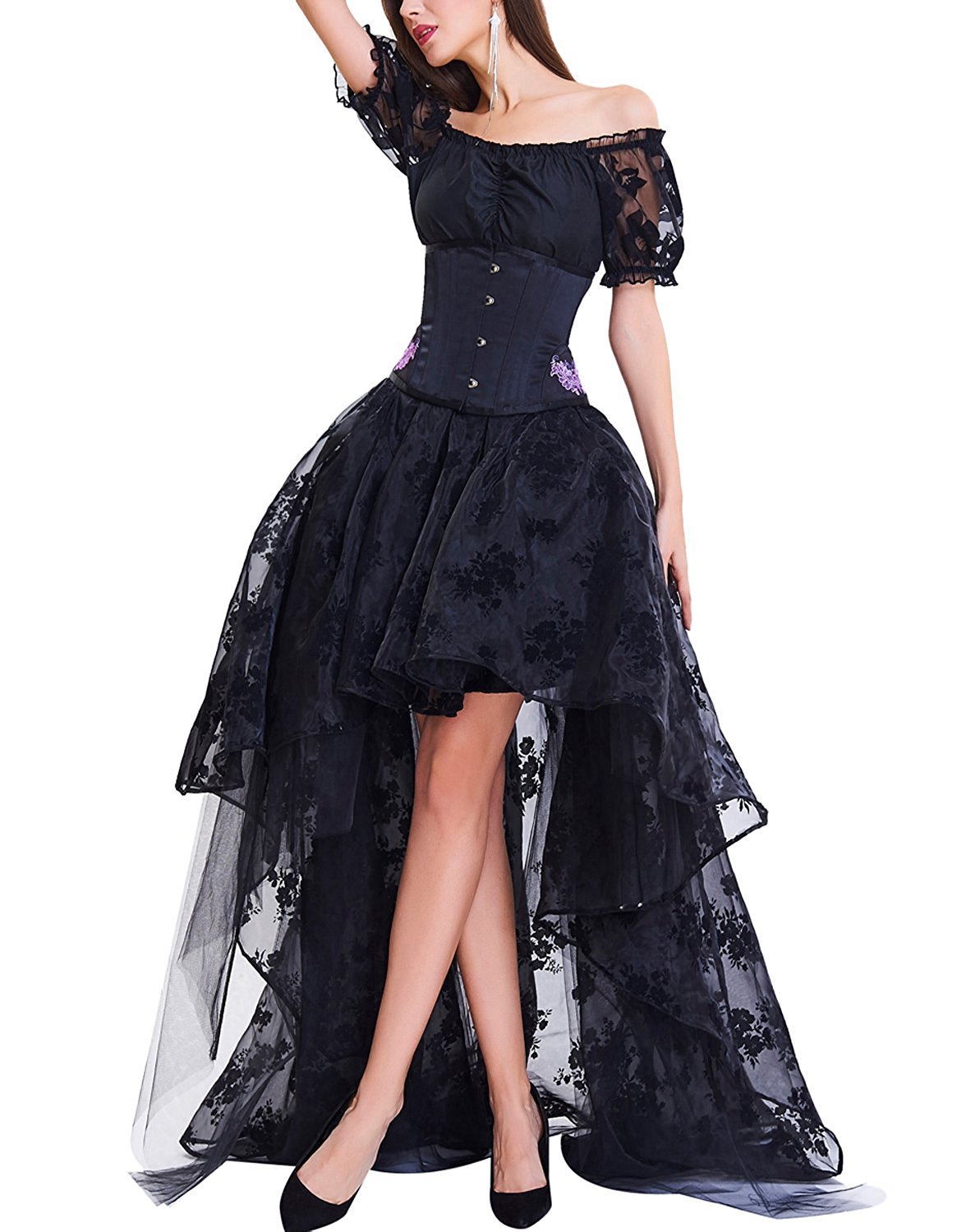 Steampunk Dress,Women Corset Tops with Multi Layered Chiffon Skirt Set