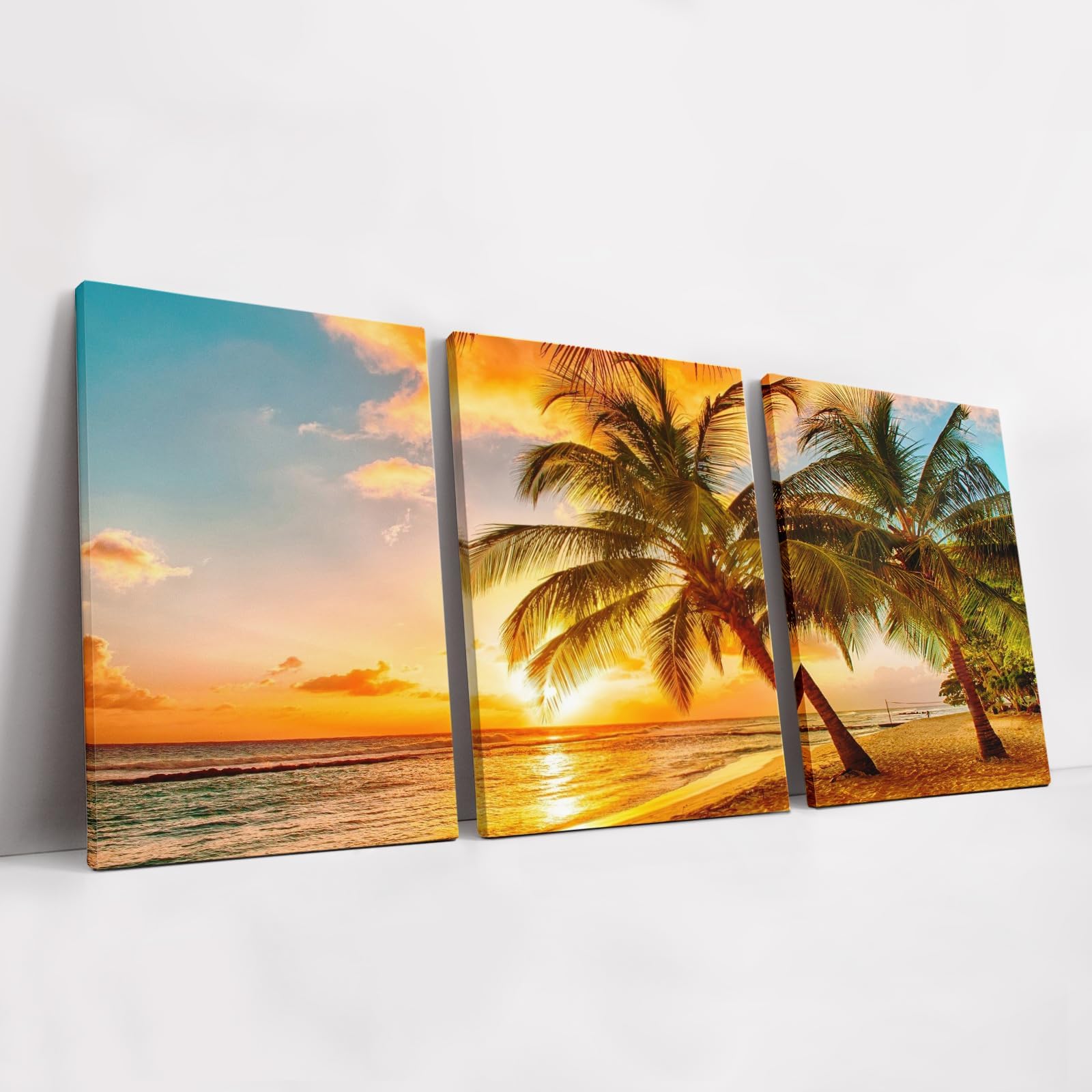 Canvas Wall Art, 3 PCS Blue Sea Waves Coconut Trees Beach Coastal Wall Art, Sunset Seascape Scenery Painting Pictures Prints Posters Modern Framed Artwork Ready for Bathroom Bedroom Decor to Hang