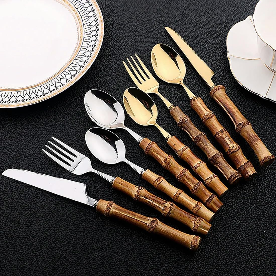 Ensemble de Couverts en Acier Inoxydable et Bambou, 24 pièces, Ensemble de Couverts avec poignée, Vaisselle, Couteau à Steak, Couverts