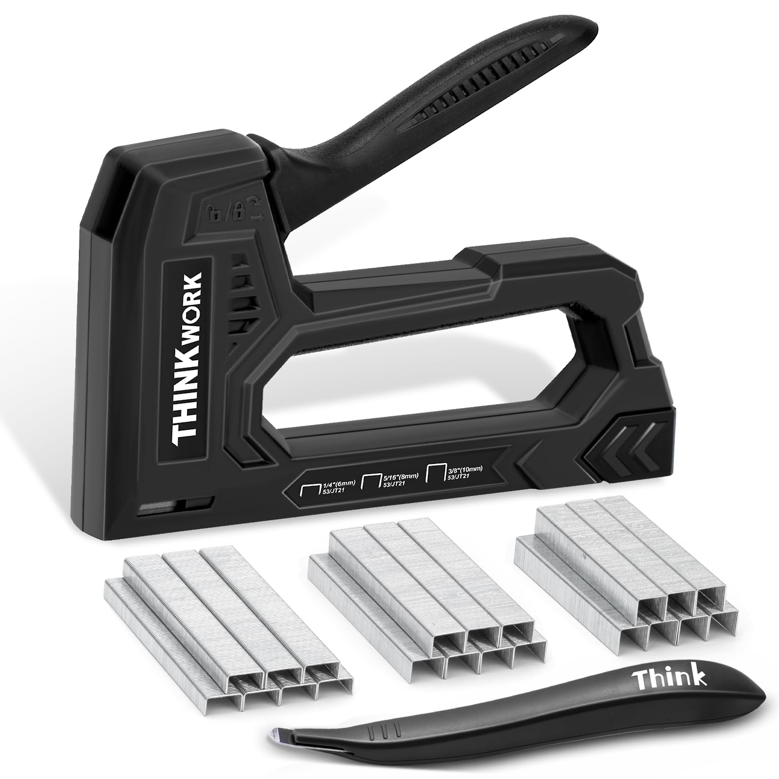 THINKWORK Light Duty Staple Gun - Upholstery Staple Gun for Wood with 1600pcs JT21 Staples 1/4", 5/16", 3/8" and Staple Remover, Fabric Stapler Gun for Crafts, Home Use, Wall, DIY, Lights Decor, Black