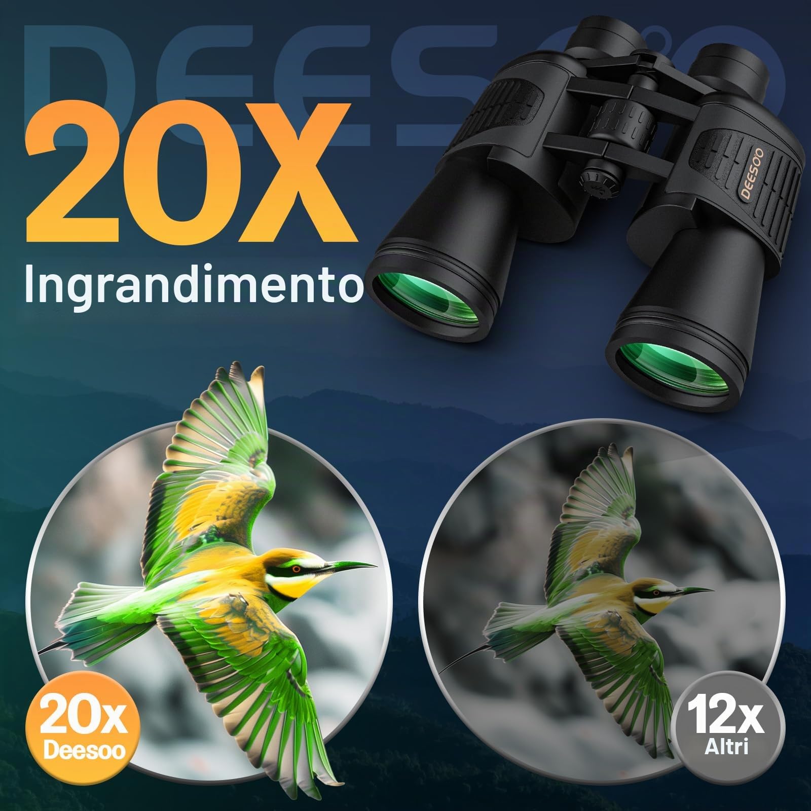 Binocolo 20 x 52 per adulti ad alta potenza, HD, visione ampia, visione bassa, binocolo professionale per bird watching, caccia, viaggi, crociera, sport all'aria aperta, con borsa per il