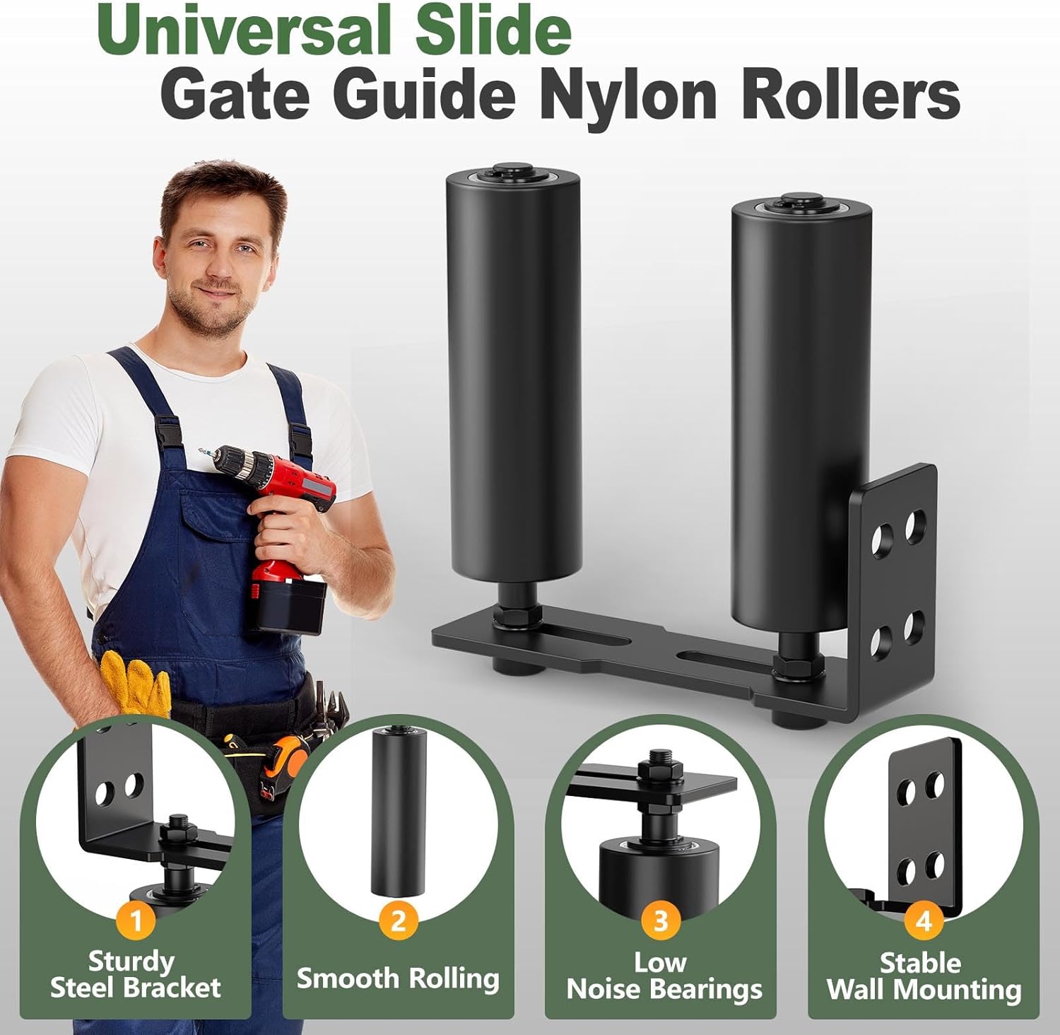 Adjustable Sliding Gate Roller Hardware Kit - Heavy Duty Steel Wall-Mount Bracket & Nylon Roller Guide for Rolling/Sliding Doors, Garage, Wood Gates (Black-1pc, 6in)