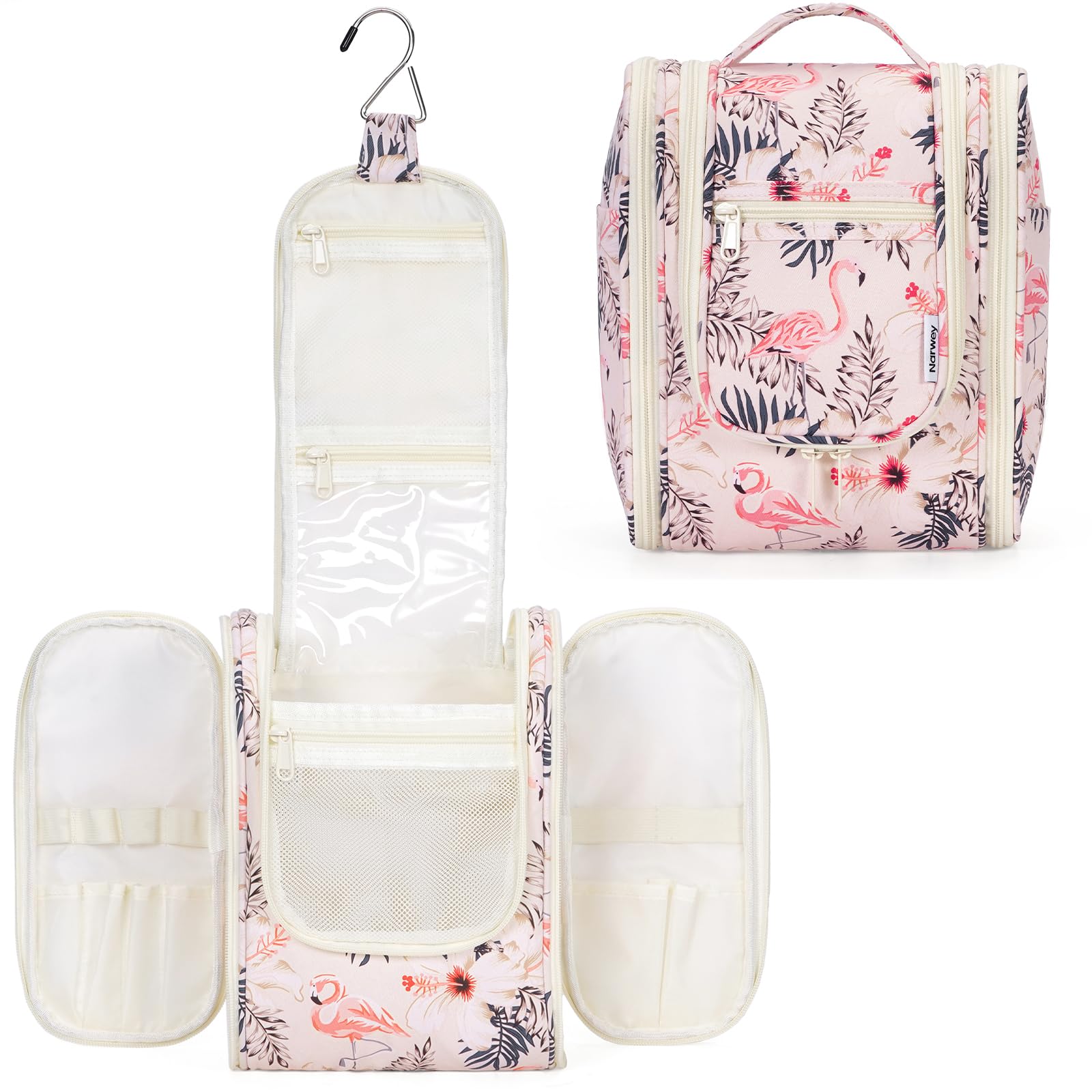 Narwey Small Hanging Toiletry Bag Women Travel Makeup Bag Organizer Toiletries Bag for Travel Size Essentials Accessories Cosmetics(Medium, Beige Bird)