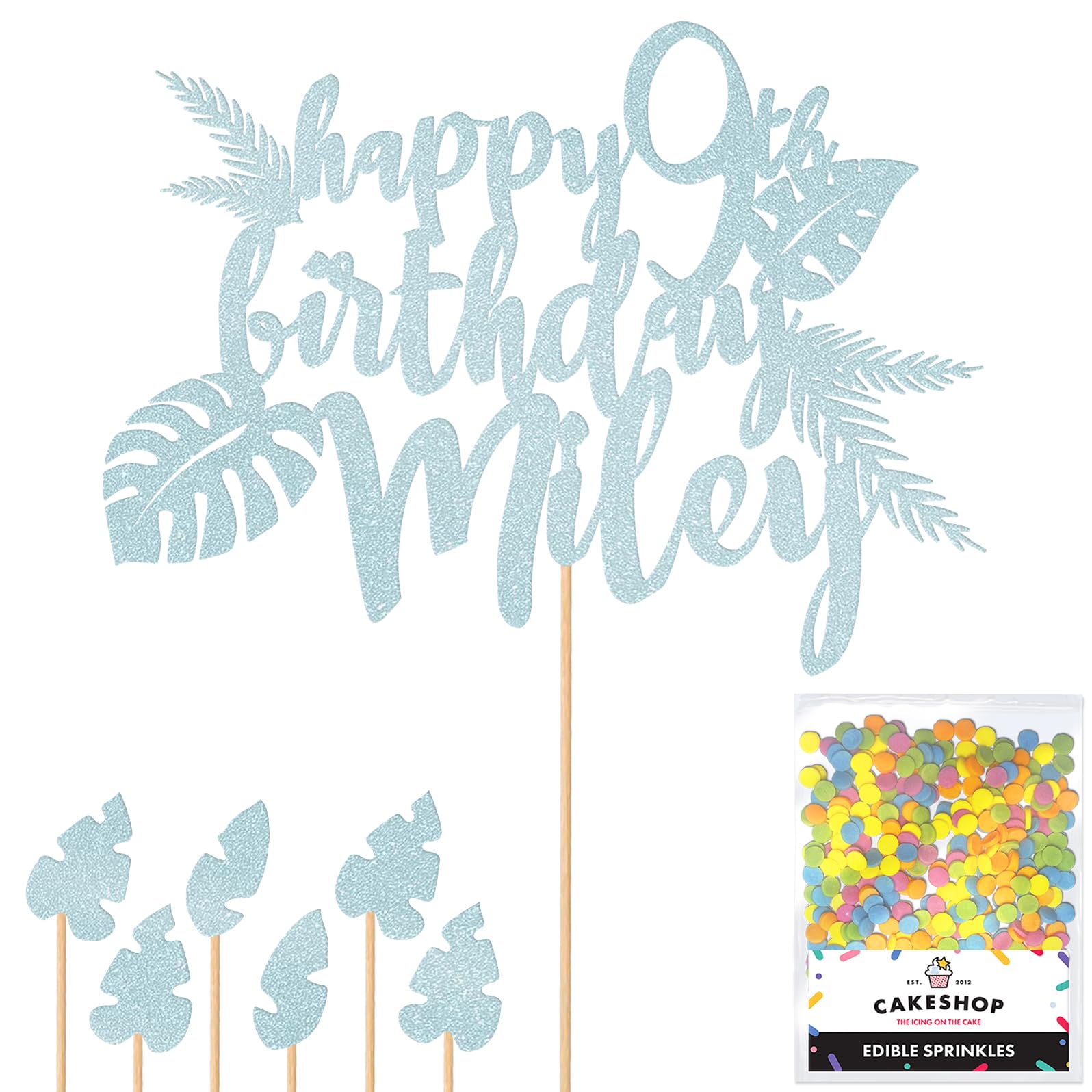 Personalised Birthday Jungle Themed Glitter Cake Topper Lt Blue Any Custom Age & Name Glitter Cake Decoration and Sprinkles - Happy Birthday Decorations - Personalised Toppers for Cakes by Cakeshop