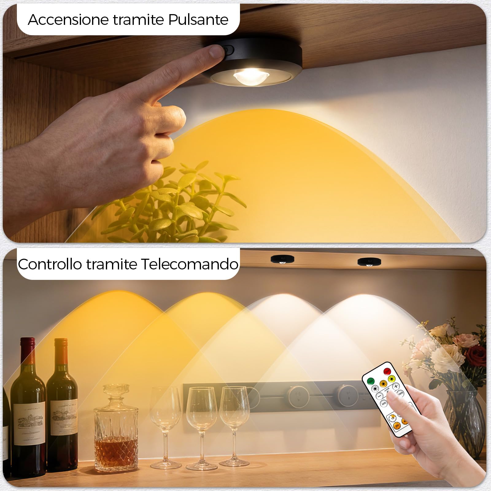 Set di 6 Faretti LED USB con Telecomando, Dimmabili, 30 Colori Cambiabili, Luci Senza Fili per Vetrine, Armadi e Cucina, Illuminazione Adesiva e Magnetica con Timer e Funzione Touch