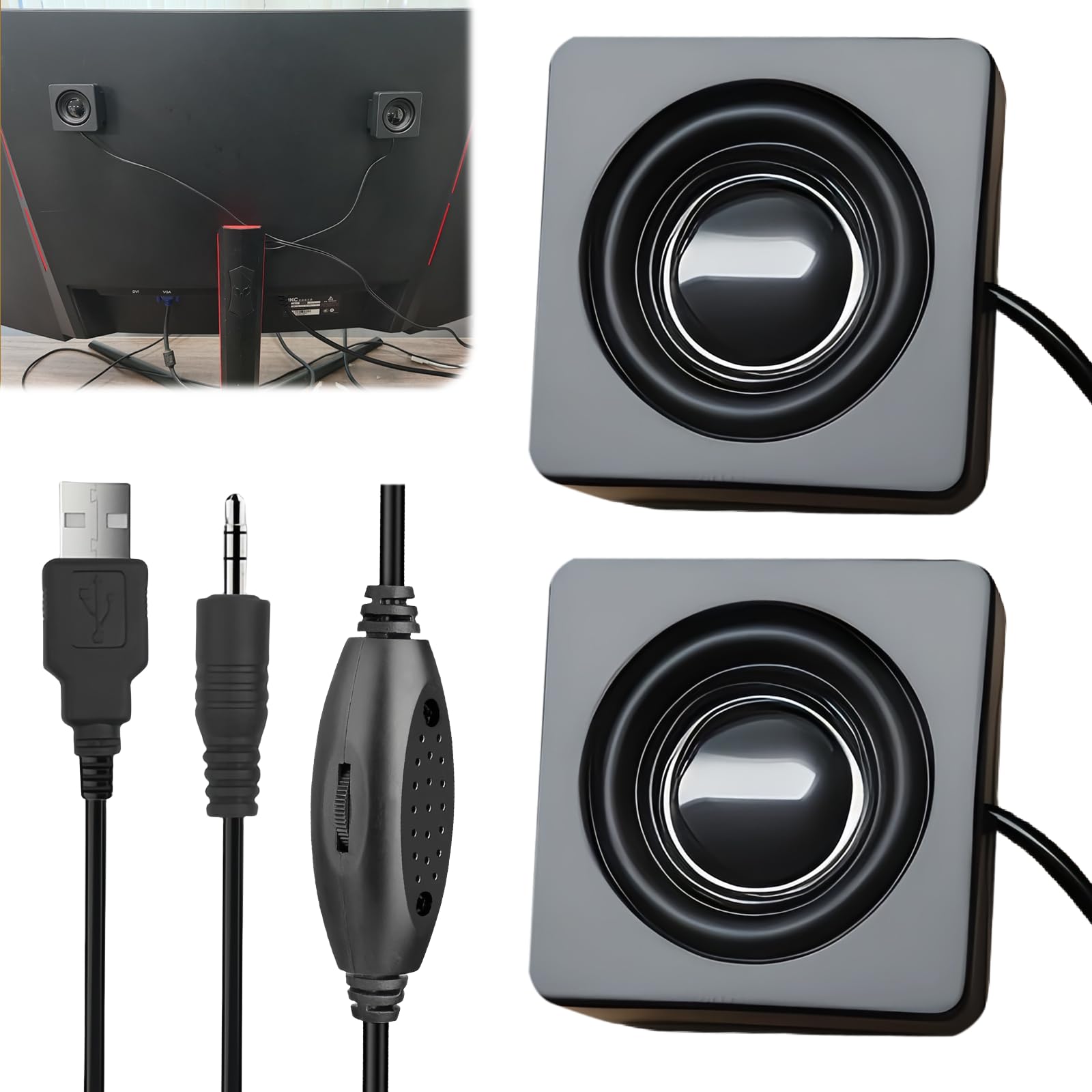 MiniYX 3,5 mm TRS USB altavoces, 2 unidades, negros, para pegar, estéreo, 2.0, garantía limitada, altavoces para ordenadores, tabletas, dispositivos portátiles