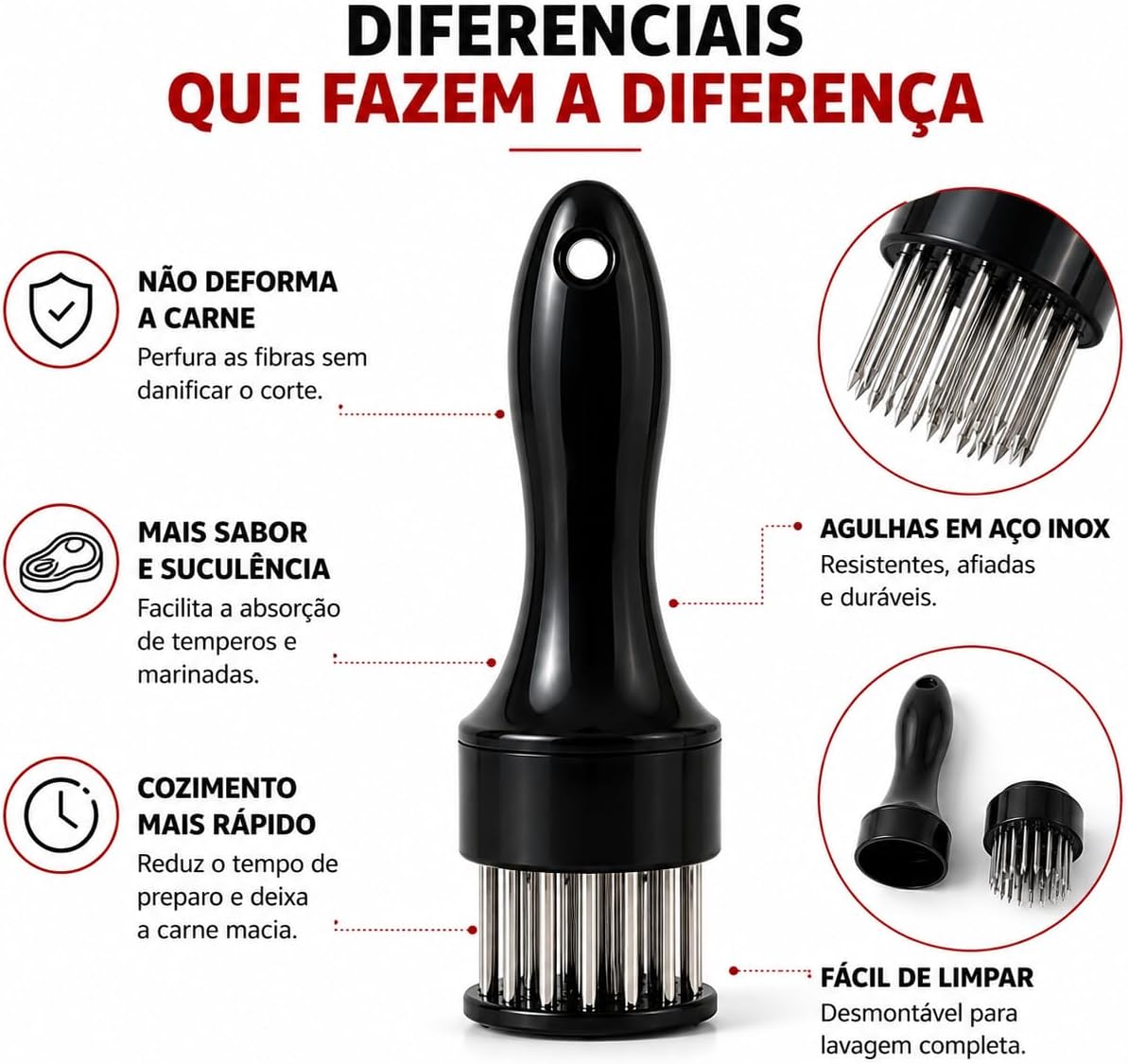Amaciador de Carne com Agulhas em Aço Inox Desmontável para Temperos – 2/7