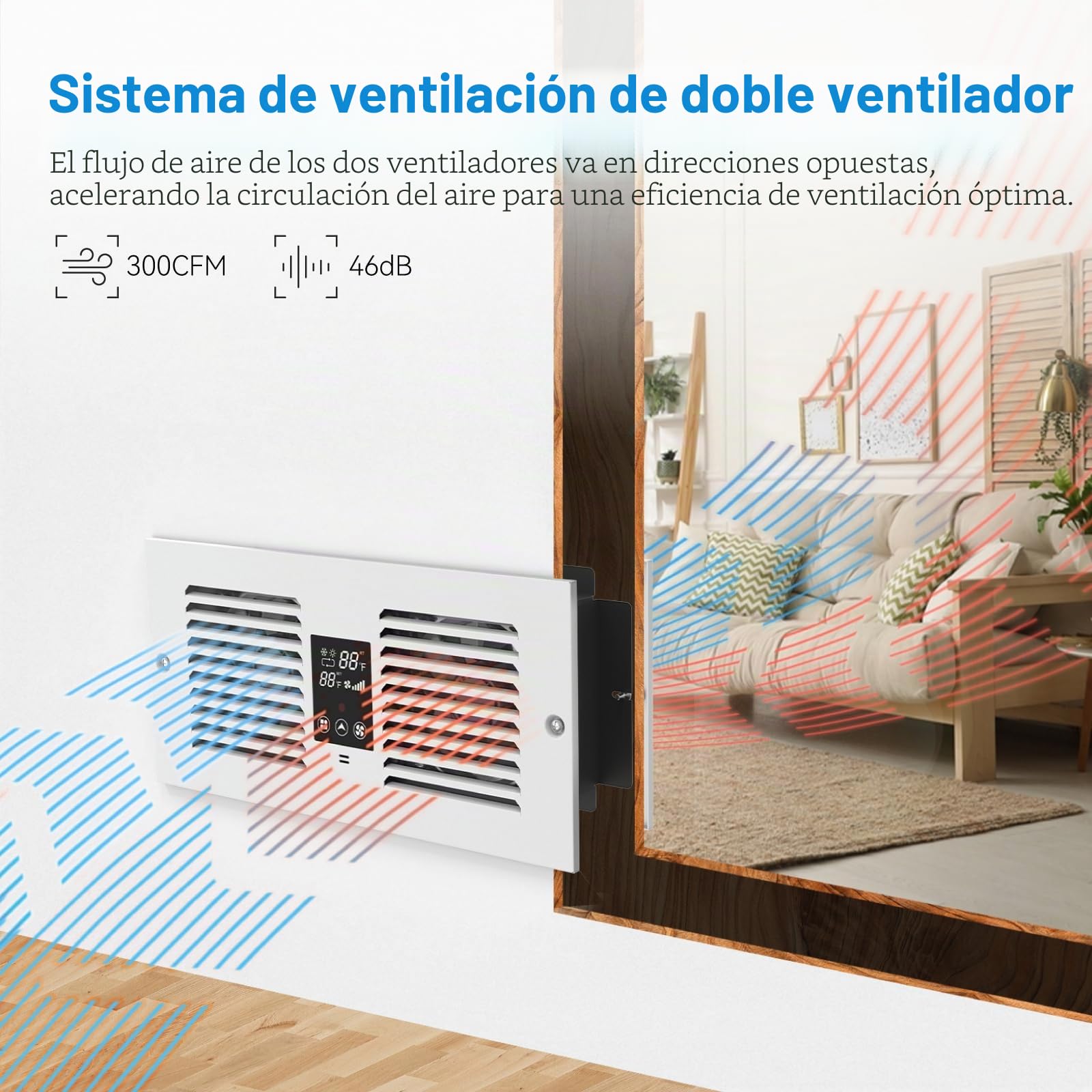 Ventilador de habitación a habitación con control remoto, ventilador de pared de 300 CFM con control de temperatura, ventilación circulante de 5 velocidades, para cocina, lavandería