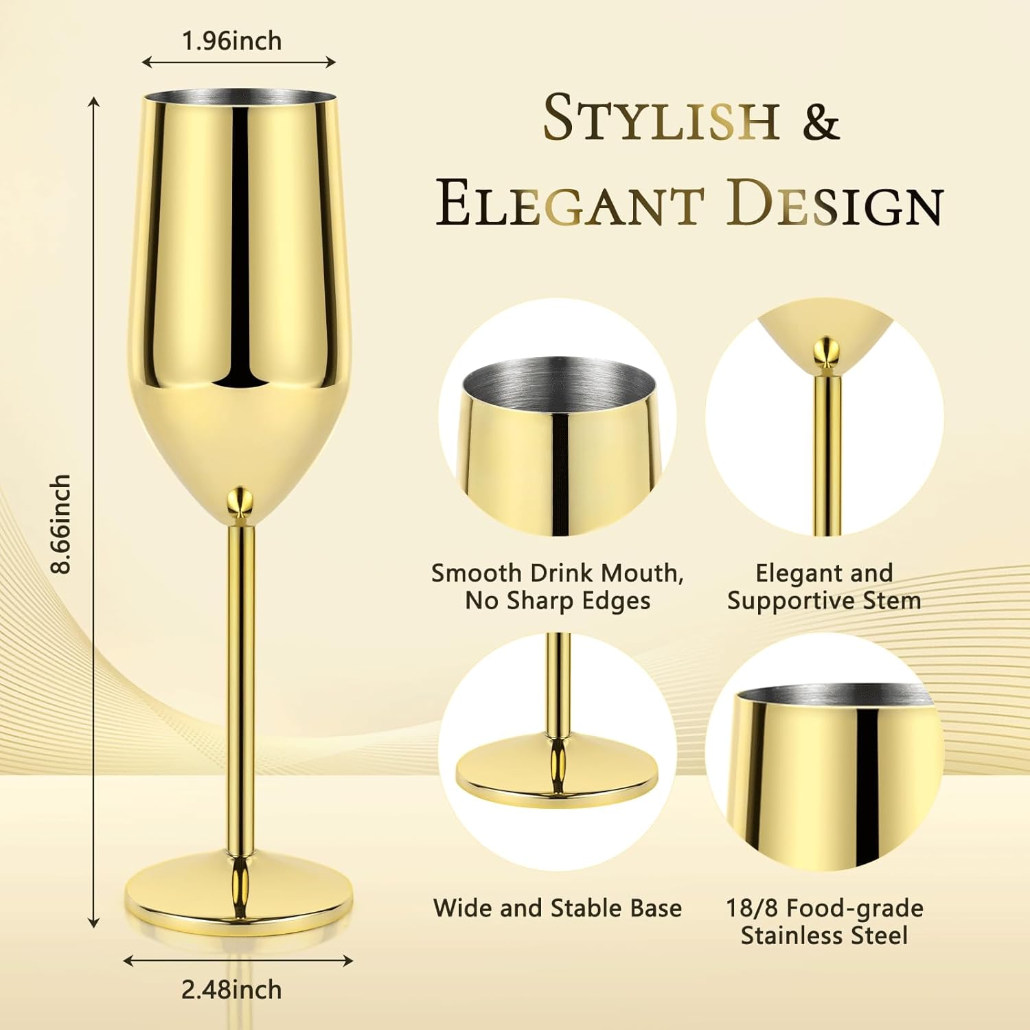 Lifecapido 4 Pack Stainless Steel Champagne Glasses, 8oz Elegant Stainless Steel Champagne Flutes, Stemmed Unbreakable Champagne Glasses for Party Wedding Christmas Anniversary, Gold - Image 2
