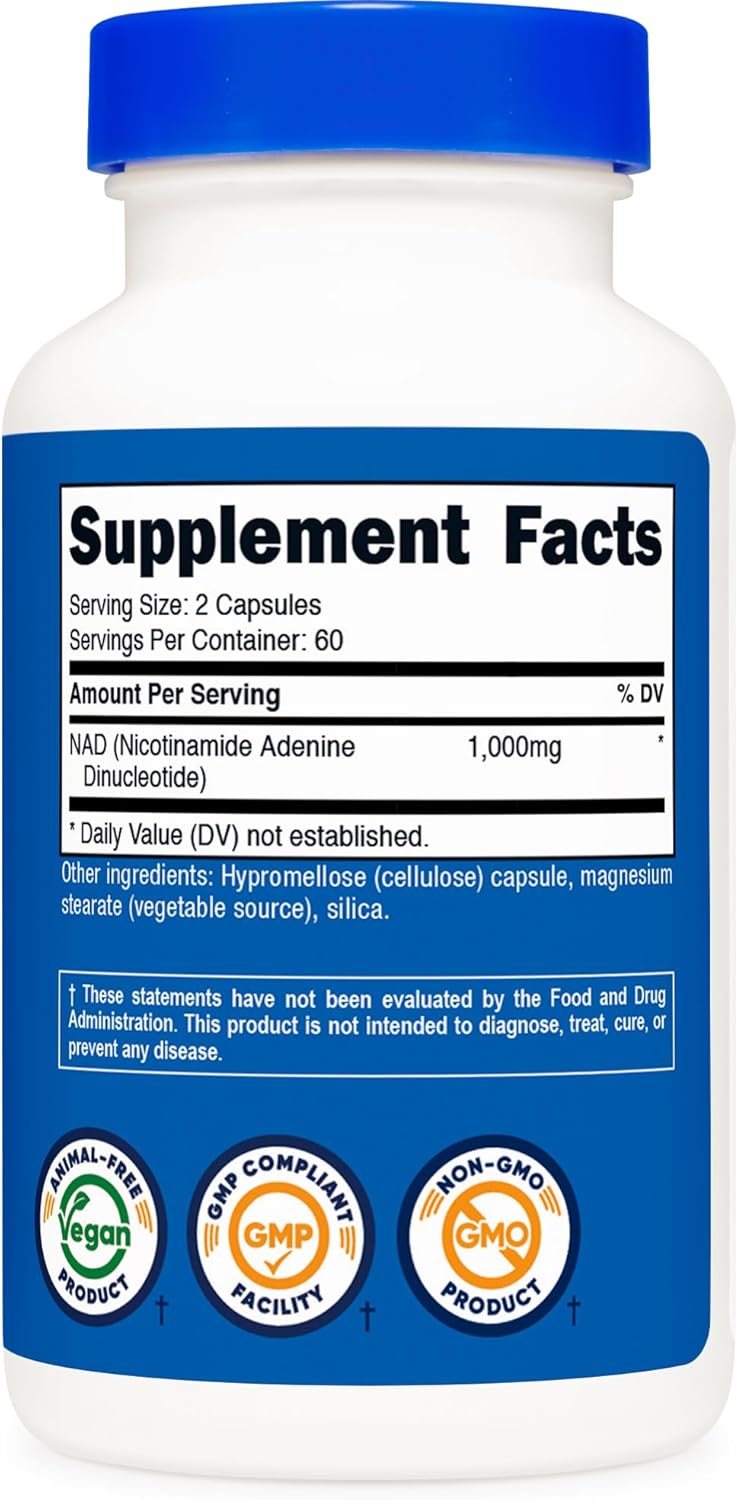 Nutricost NAD+ Supplement 1,000mg per Serving,120 Capsules (Nicotinamide Adenine Dinucleotide) - 60 Servings, Gluten-Free, Vegan