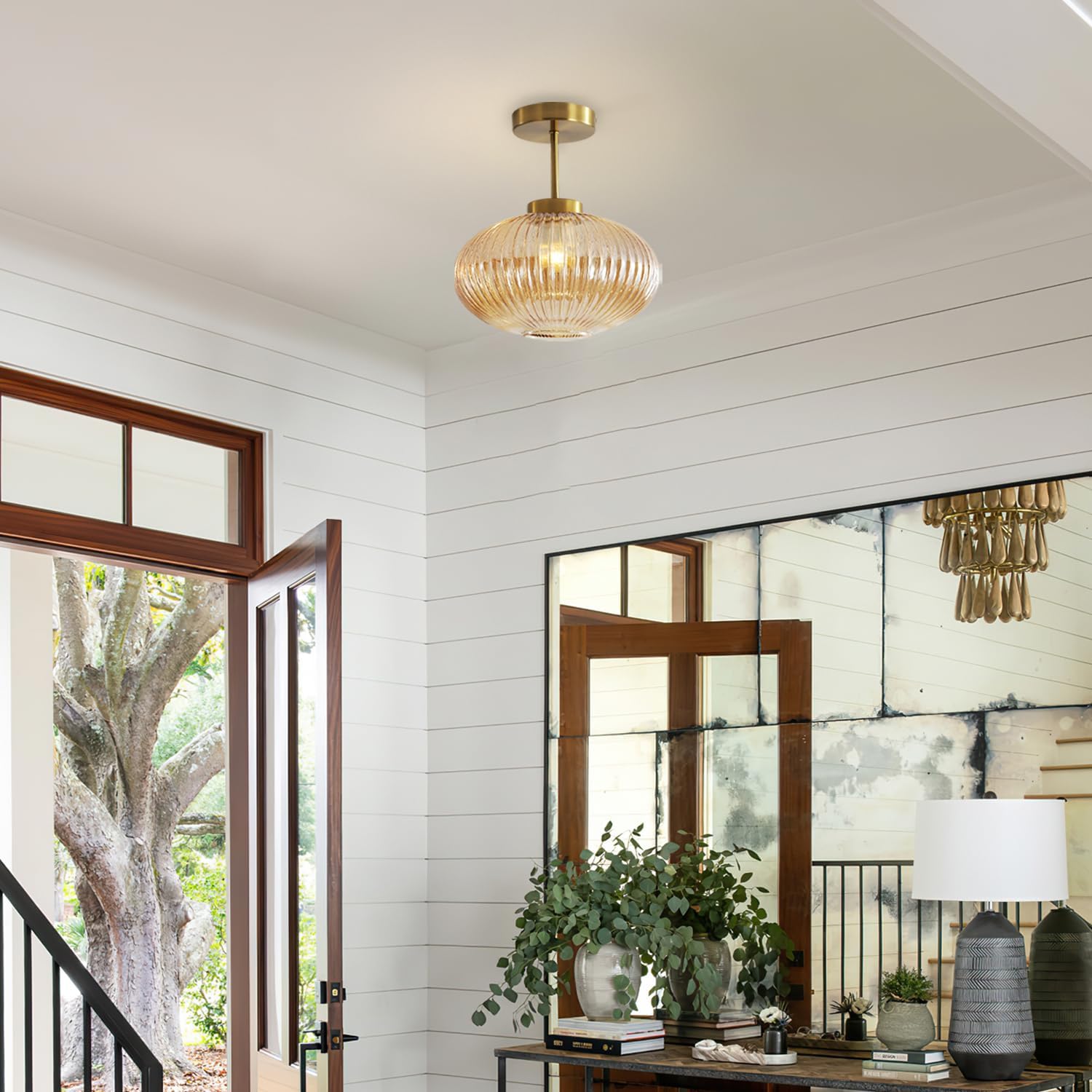 KCO Lighting Amber Globe Flush Light Modern Hallway Ceiling Light Fixtures Brass Gold Semi Flush Mount Ceiling Light Mid Century Entryway Ceiling Lamp