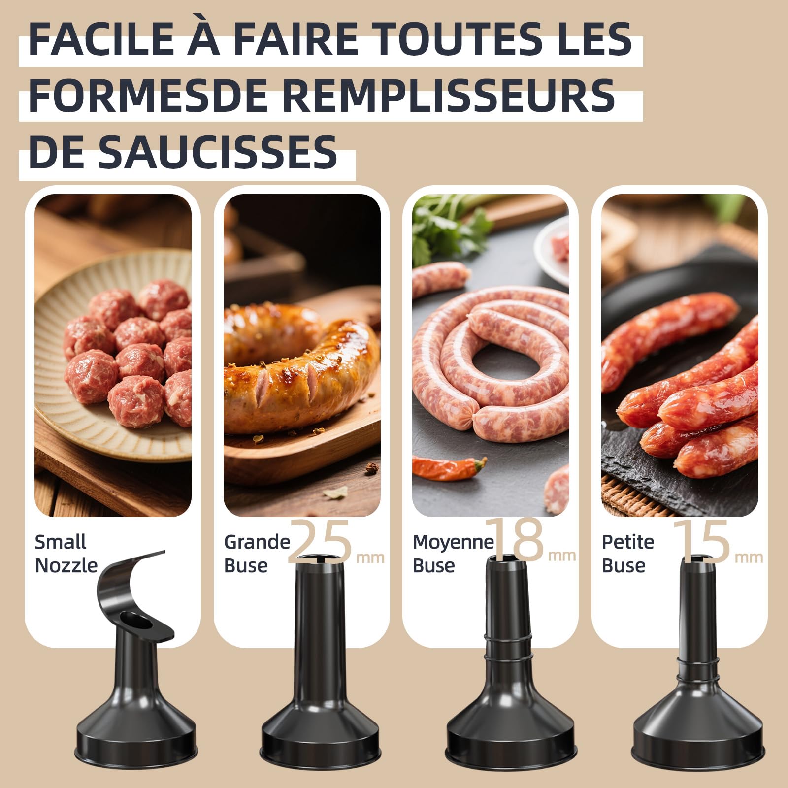 Keerain Presse à Saucisses Électrique Machine à Saucisses Broyeur à Viande avec 3 Accessoires à Saucisses et 1 pour Boulettes de Viande - Pour Viande Saucisses et Charcuterie