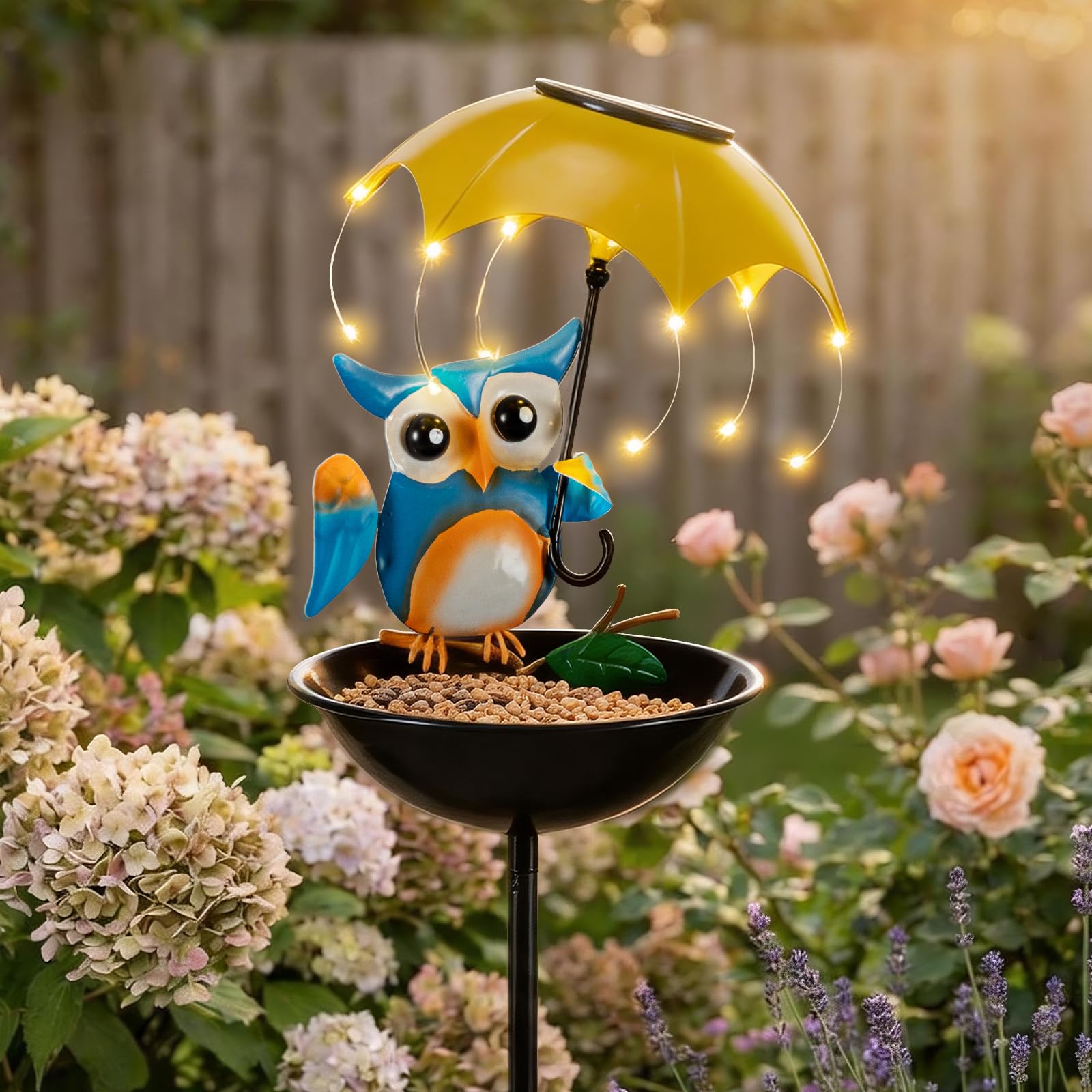 Solar-Vogelfutterspender für den Außenbereich, Eulen-Gartendekoration mit LED-Lichtern, dekorative Wildvogel-Kardinäle, Kolibri-Futterspender, Frühlingsbereiter Hofweg, Rasen-Omamente, Gartengeschenke
