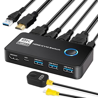 TCNEWCL KVM Switch 2 Computer 1 Monitor, 8K@60Hz 4K120Hz HDMI 2.1 USB 3.0 Switcher Share Monitor Mouse Keyboard, with 2 HDMI Cable and 2 USB Cable