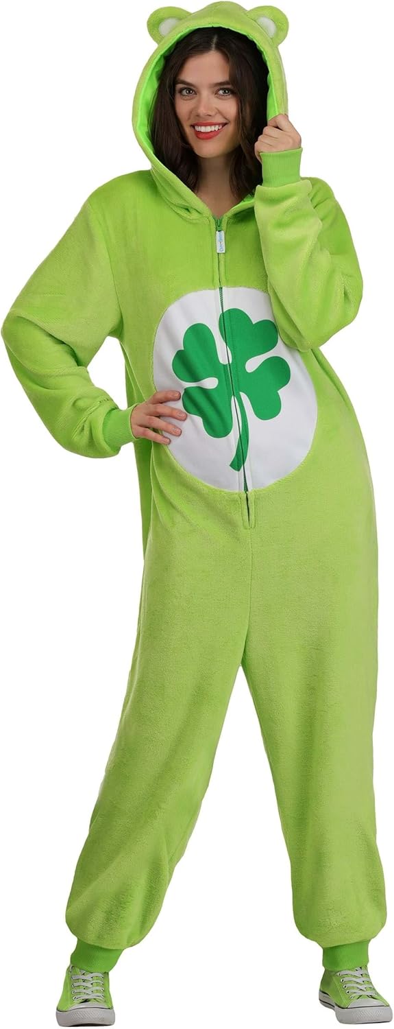 Care Bears Good Luck Bear Costume Jumpsuit | Adult Hooded Fleece Outfit with Clover Design for Halloween Cosplay