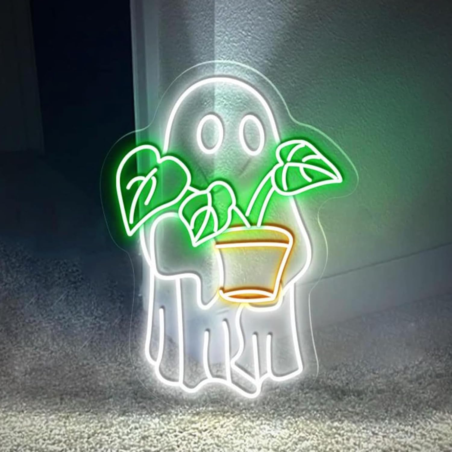 Cute Ghost & Monstera Neon Sign – Halloween Wall Decor for Plant Lovers, Ghost Plant LED Wall Light, Unique Gift for Mom, Bedroom or Nursery Neon Art 15″ ×11″