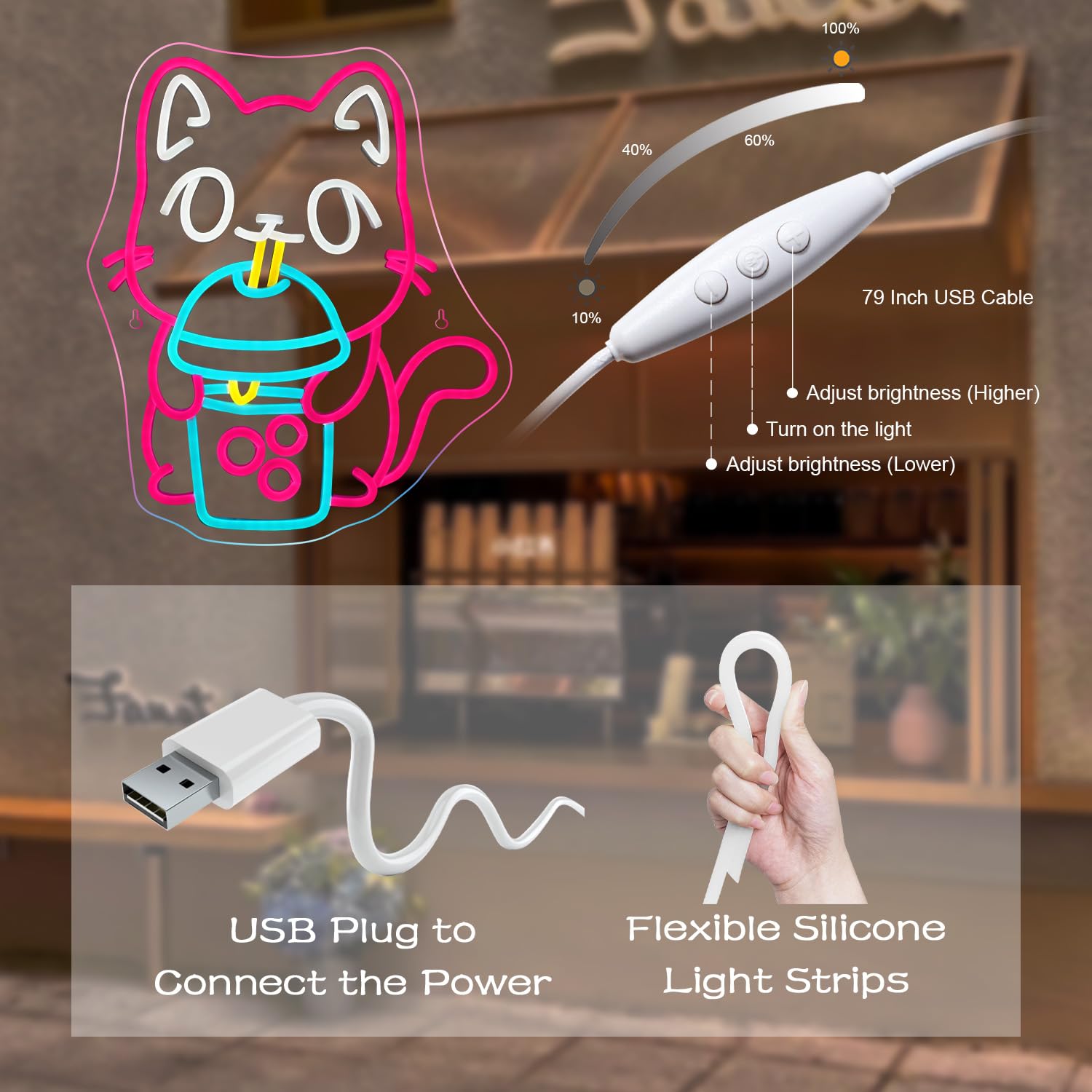 Looklight Neonowa tabliczka z motywem kota Boba Tea, dekoracja ścienna, neonowe światło dla kotów, kolorowe tabliczki neonowe LED, Bubble Tea, neonowy szyld do pokoju dziecięcego, sypialni, baru,