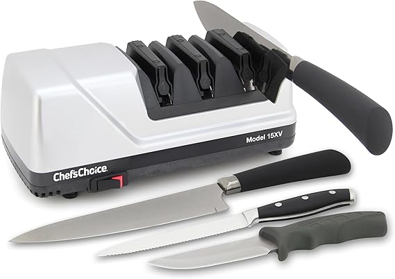 Chef’sChoice 15XV EdgeSelect Professional Electric Knife Sharpener with 100-Percent Diamond Abrasives and Precision Angle Guides for Straight Edge and Serrated Knives, 3-Stage, Gray